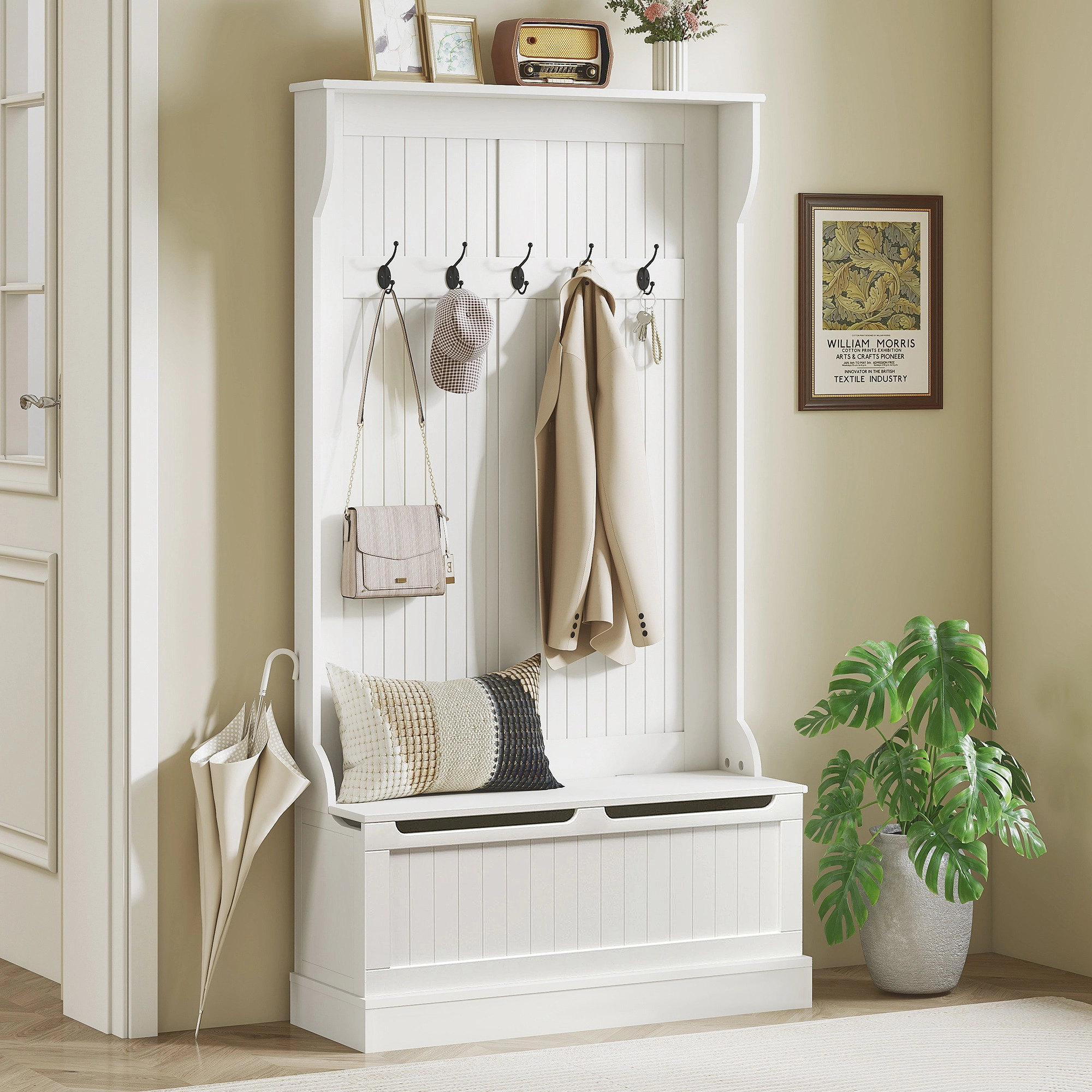 HONGGE 3-In-1 Entryway Bench with Coat Rack, Hall Tree with Bench and Shoe Storage, 5 Hooks for Hallway
