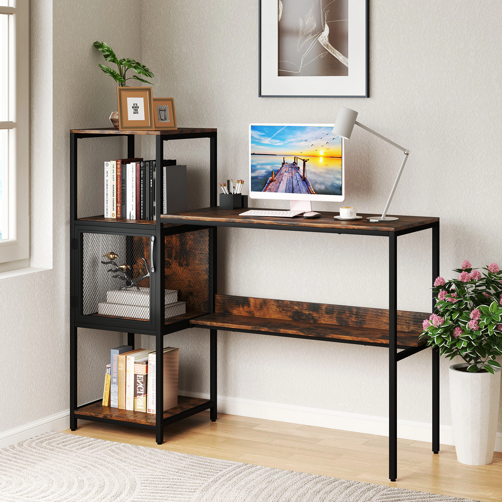 LJG Computer Desk with Bookshelf Home Office Desk with Storage Cabinet and Shelves