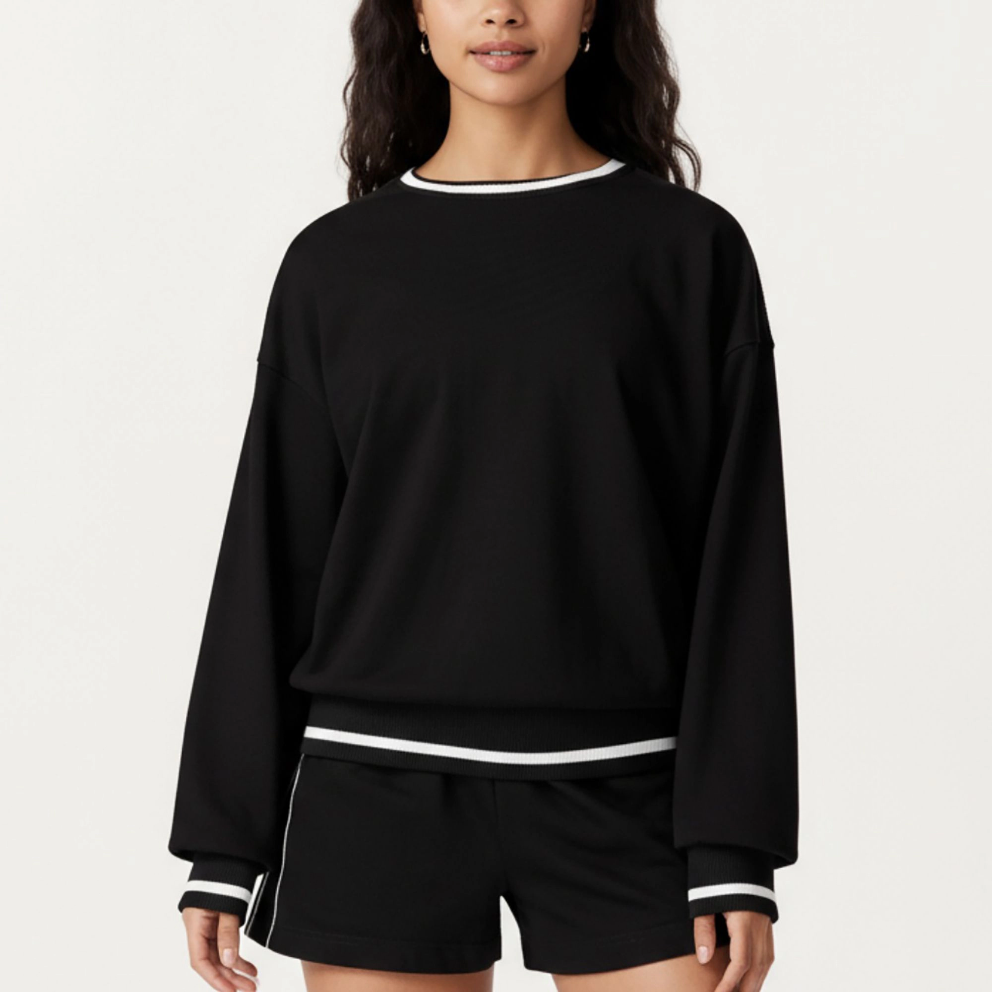 Anna-Kaci Women's Long Sleeve Crew Neck Pullover Sweatshirt with Contrast Trim Ribbed Hem and Relaxed Fit