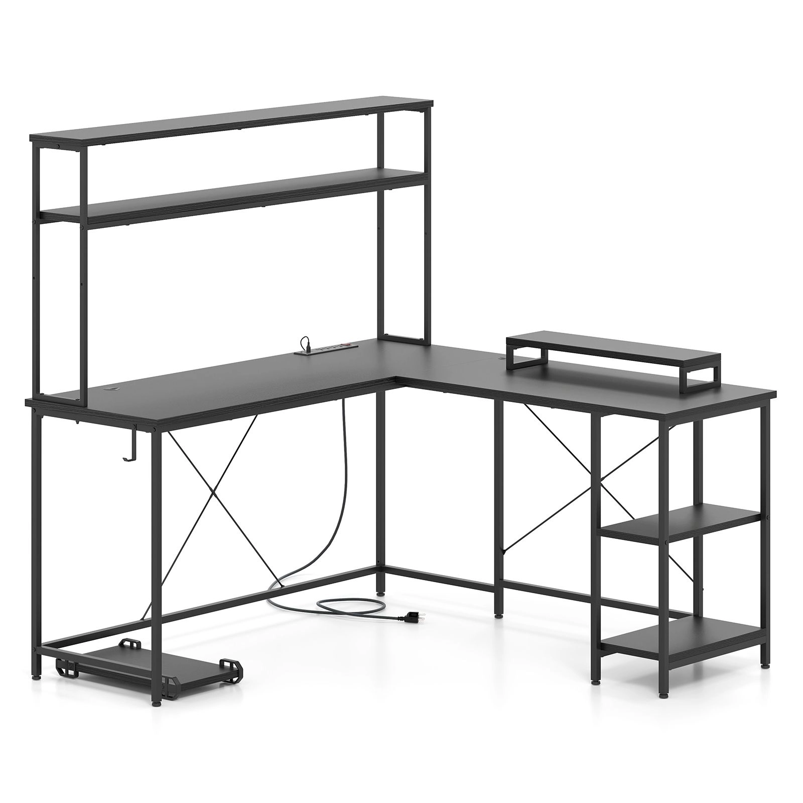 SlickBlue L Shaped Gaming Desk with LED Lights Power Strip Storage Shelves