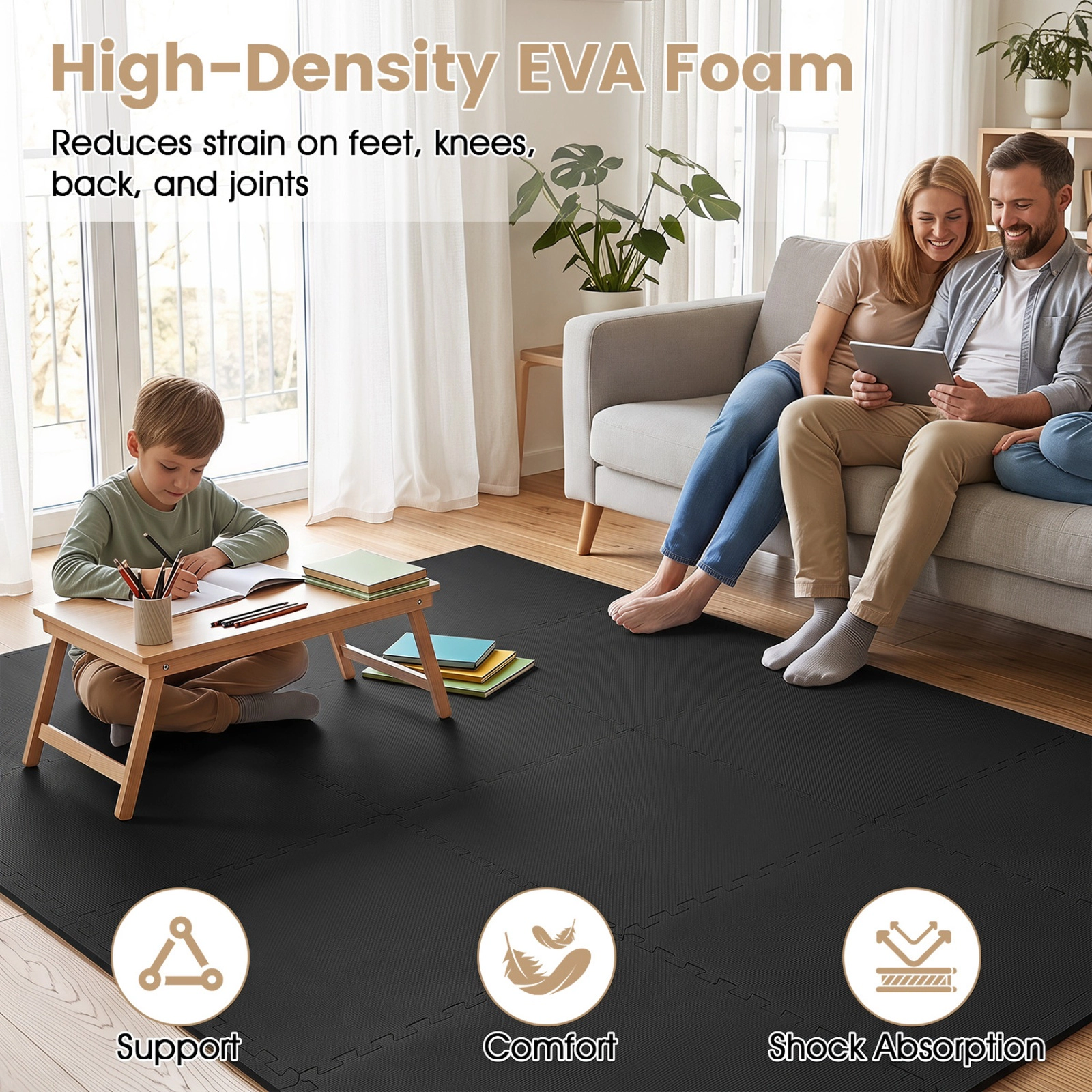 SUGIFT Black 12 Pack Non-Slip Interlocking EVA Foam Exercise Floor Mats with 14 Borders 24-in W 24-in D 0.5-in H