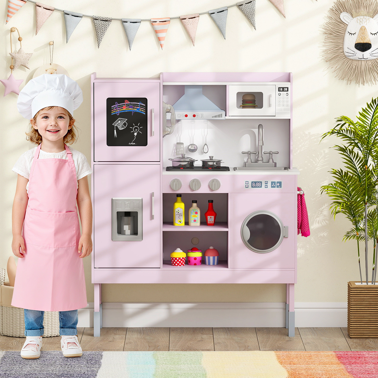 Pretend Play Kitchen 3-Position Adjustable Height Range Hood Ice Maker Telephone 32.5-in x 11.5-in x 40.5-in Pink