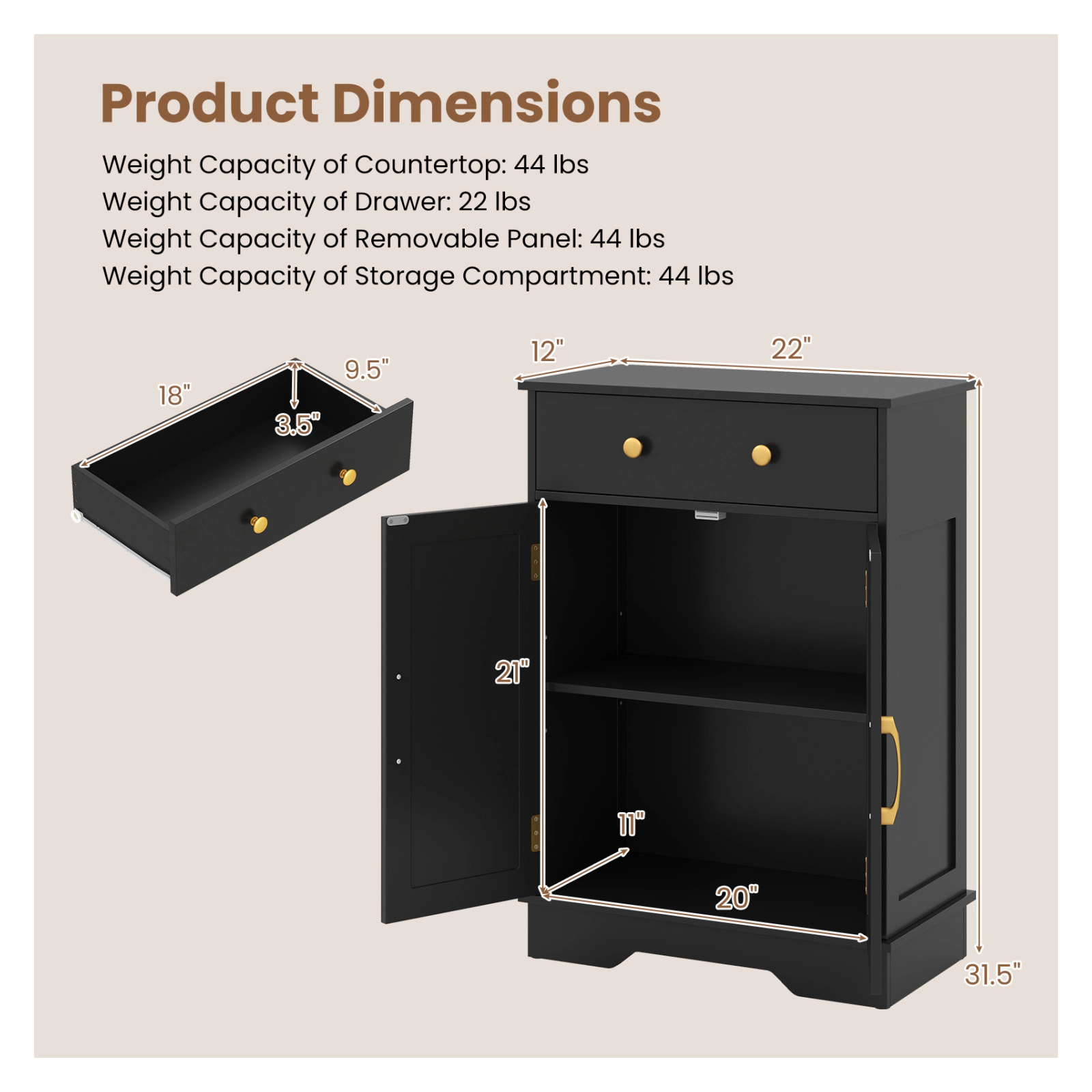 Glintex Modern Sideboard Cabinet with Golden Handles Drawer and 2-Door Storage