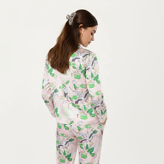 Anna-Kaci Women's 2-Piece Long Sleeve Button Front Pajama Set with Crane Print and Soft Silky Fabric for Relaxed Comfort