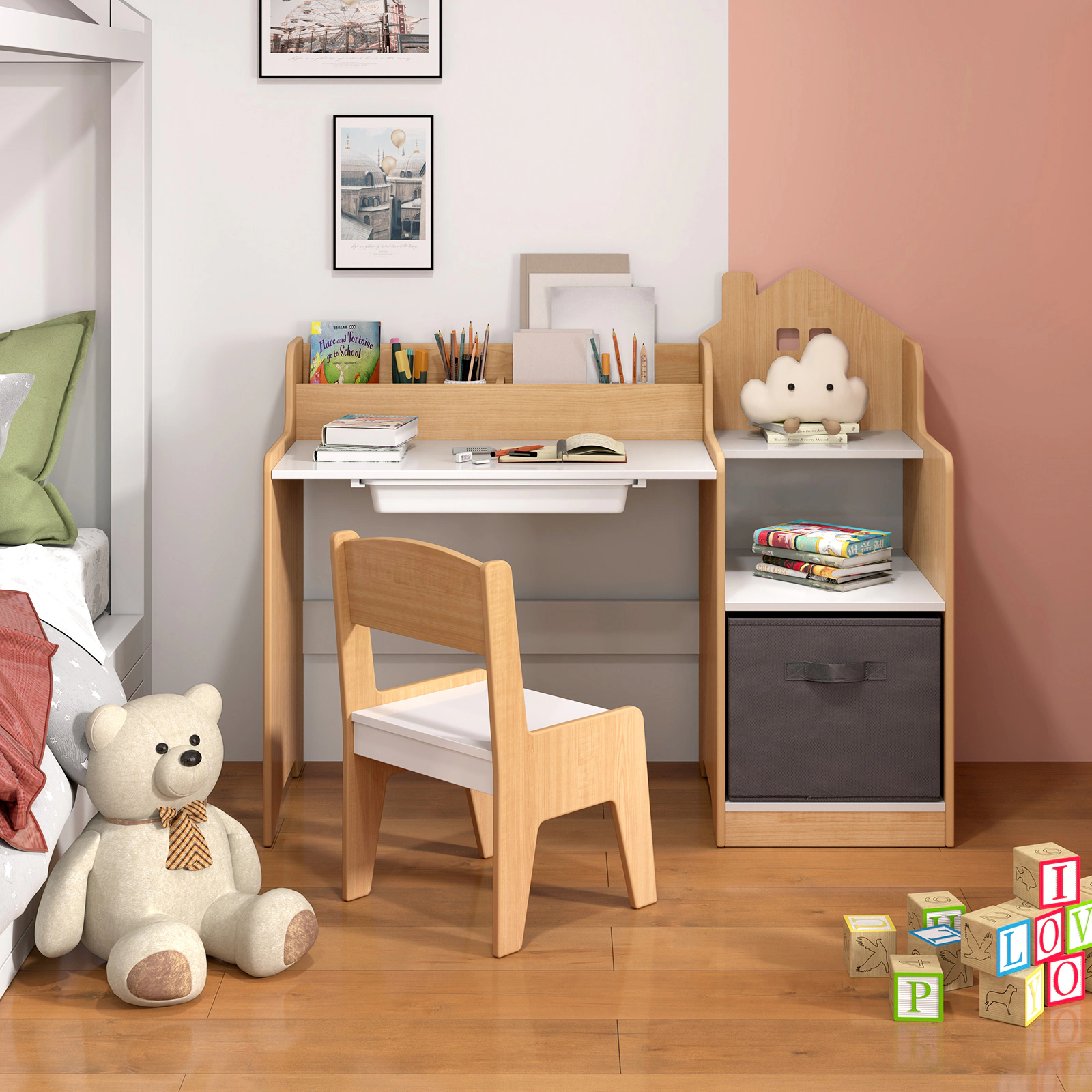 SUGIFT Kids Study Desk & Chair Set with Open Shelves Drawer & Fabric Storage Bin 44-lb Desktop Capacity Ages 3+ White