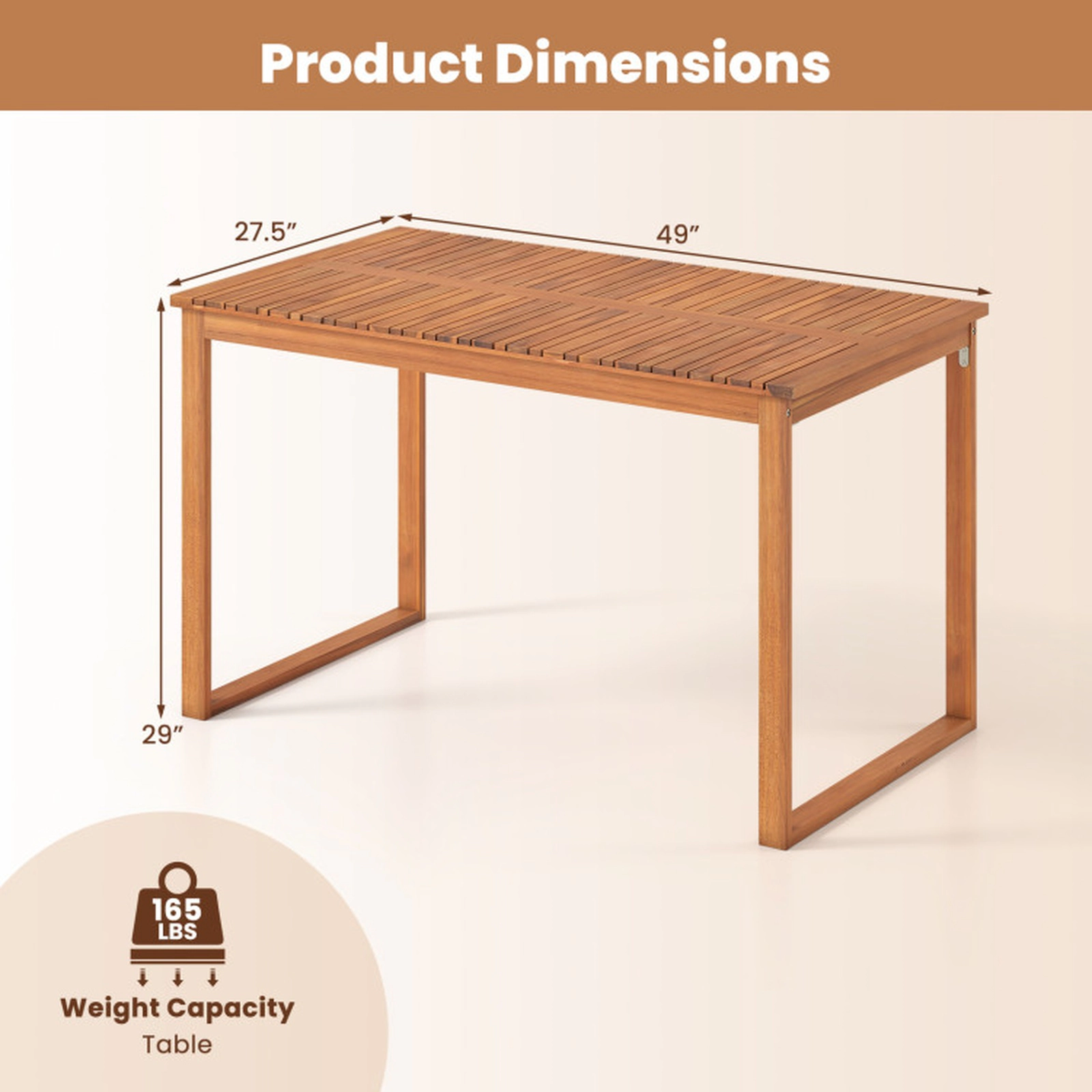 SUGIFT 49-in 165-lb Capacity Acacia Wood Outdoor Dining Table with Slatted Top and Metal Corner Braces