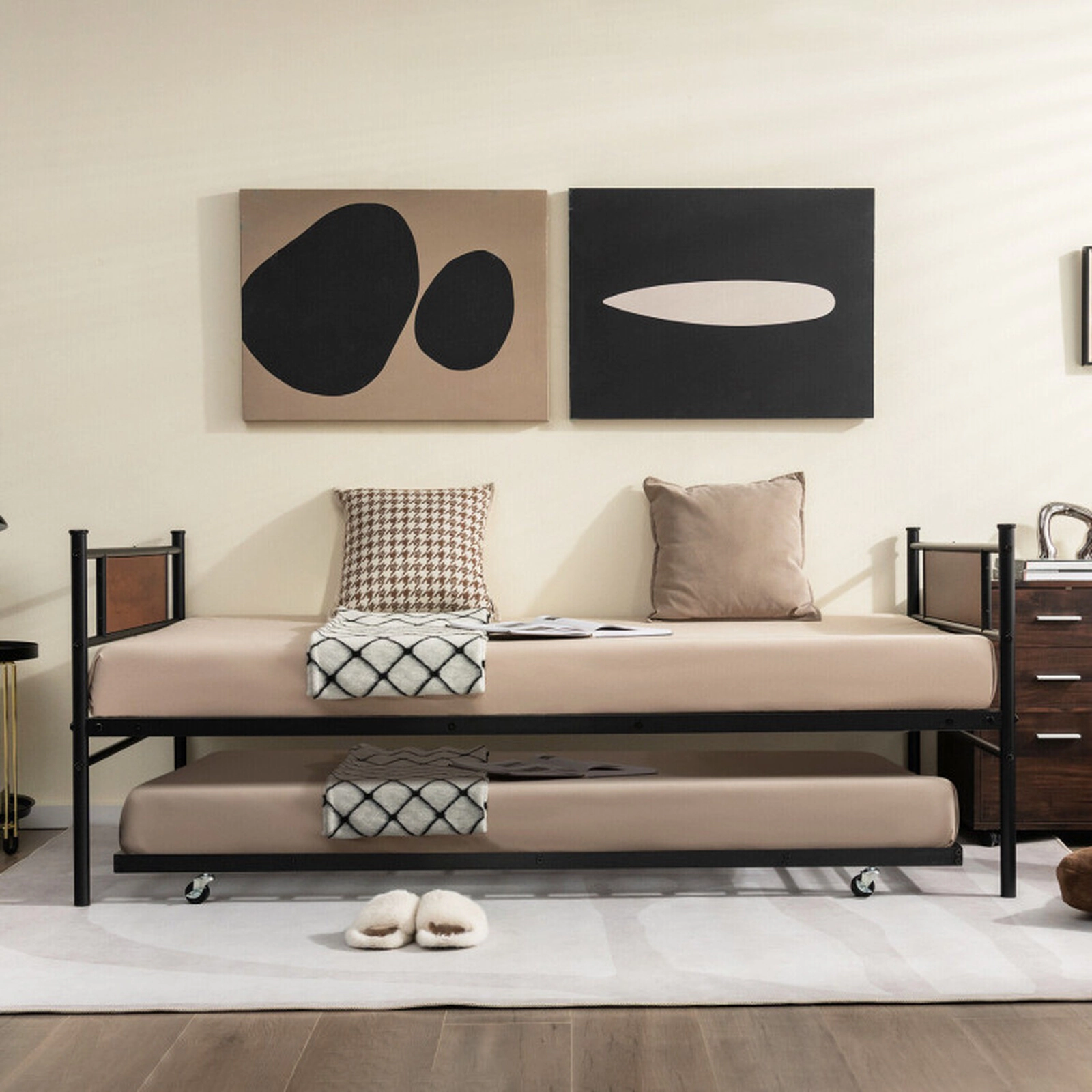SUGIFT Black Pull-Out Rolling Trundle Twin Size 2-in-1 Teens Metal Daybed Frame