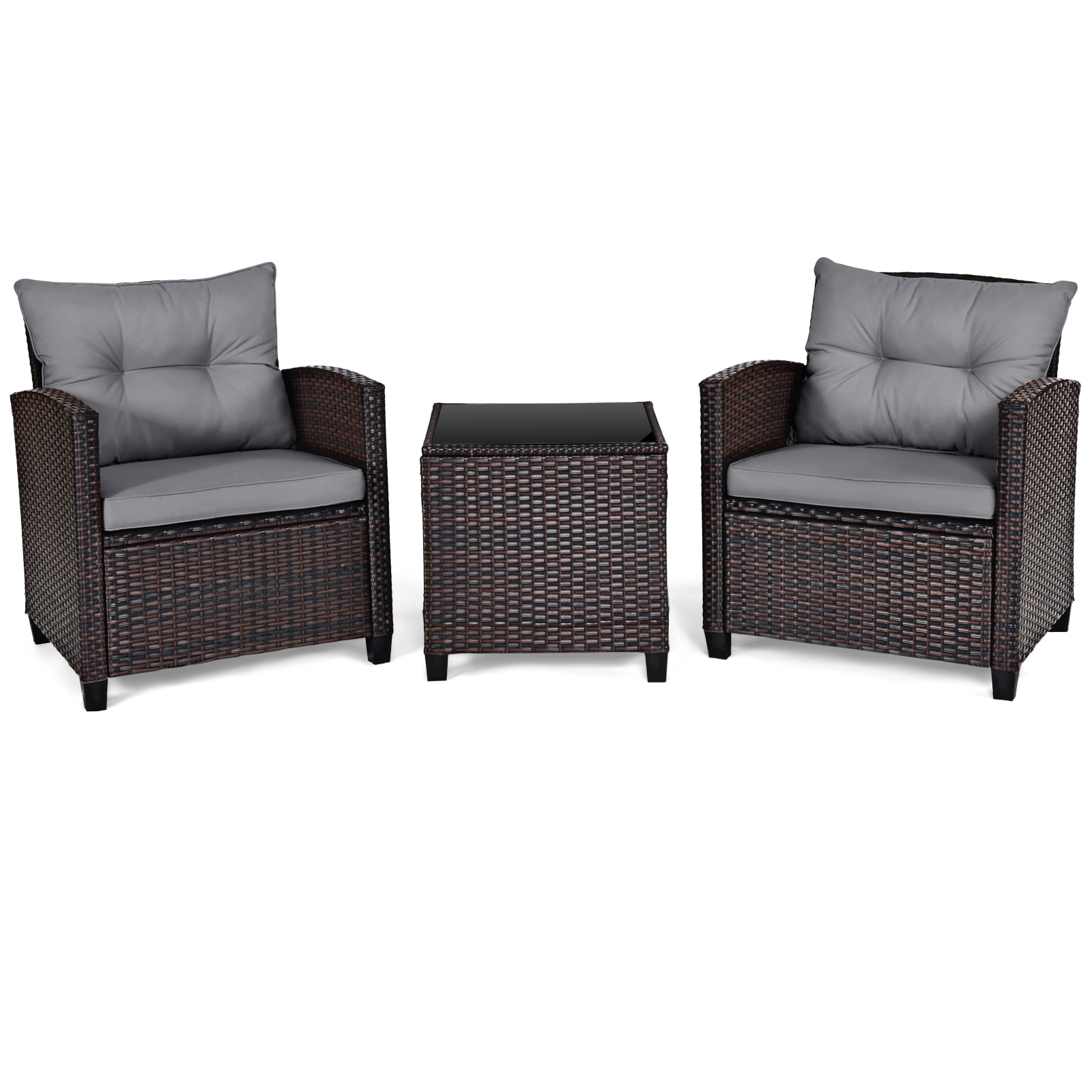 SUGIFT 3-Piece Gray Rattan Patio Conversation Set with 2 Cushioned Chairs and Glass-Top Cube Table