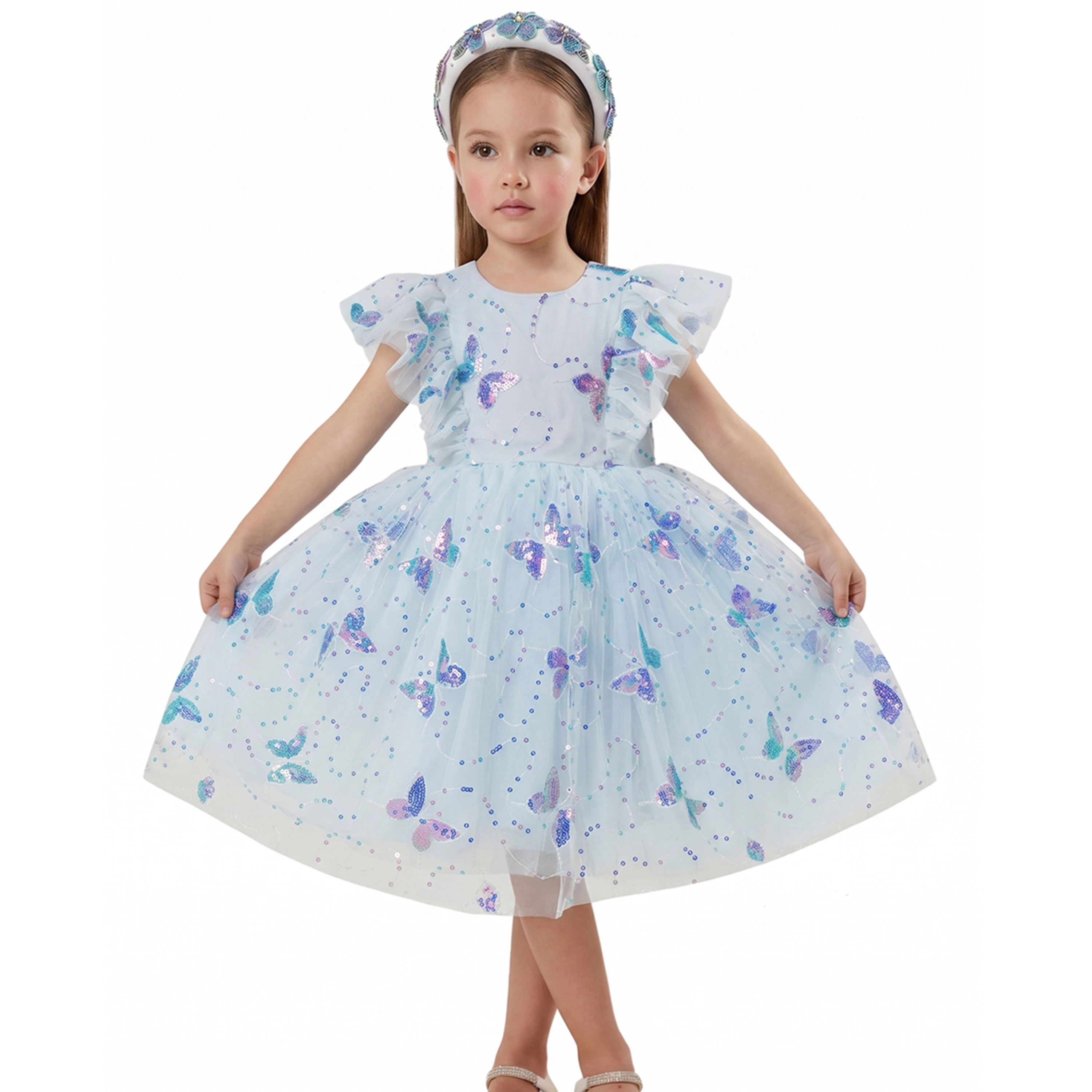 2Bunnies Girls' 3T-10Y Sparkly Butterfly Sequin Embellished Tulle Birthday Party Dress