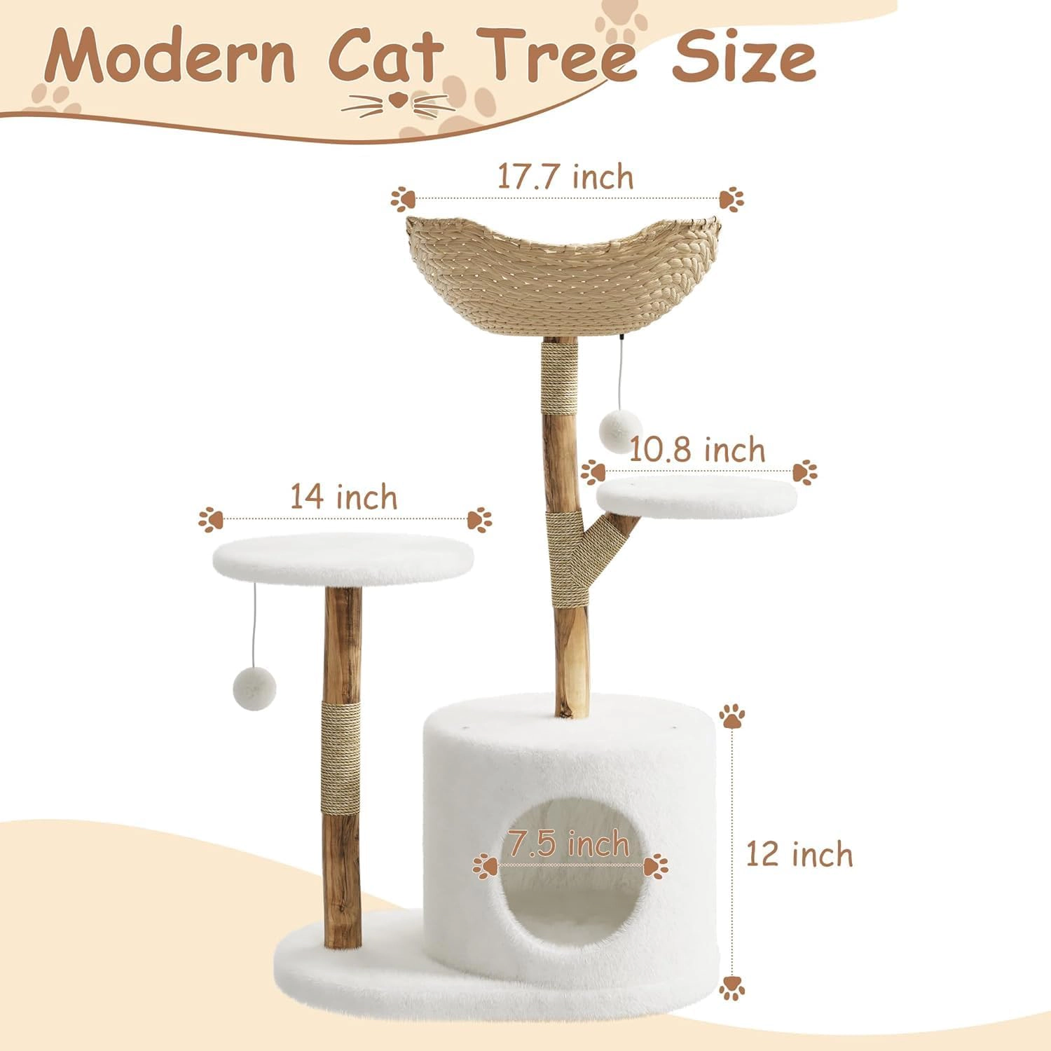43-Inch Wood-Rattan Cat Tree Tower, Indoor Cat Condo Perch with Natural Wood Branch