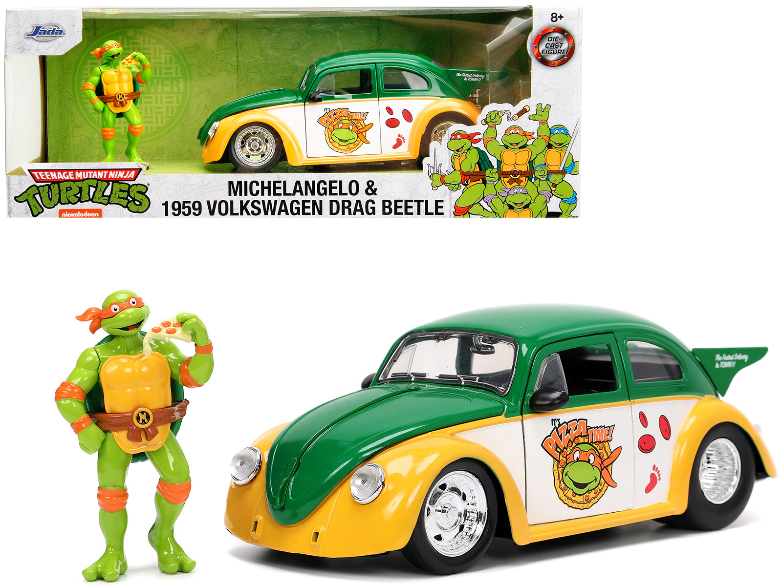 Jada 1959 Volkswagen Drag Beetle Green and Yellow and Michelangelo Diecast Figure "Teenage Mutant Ninja