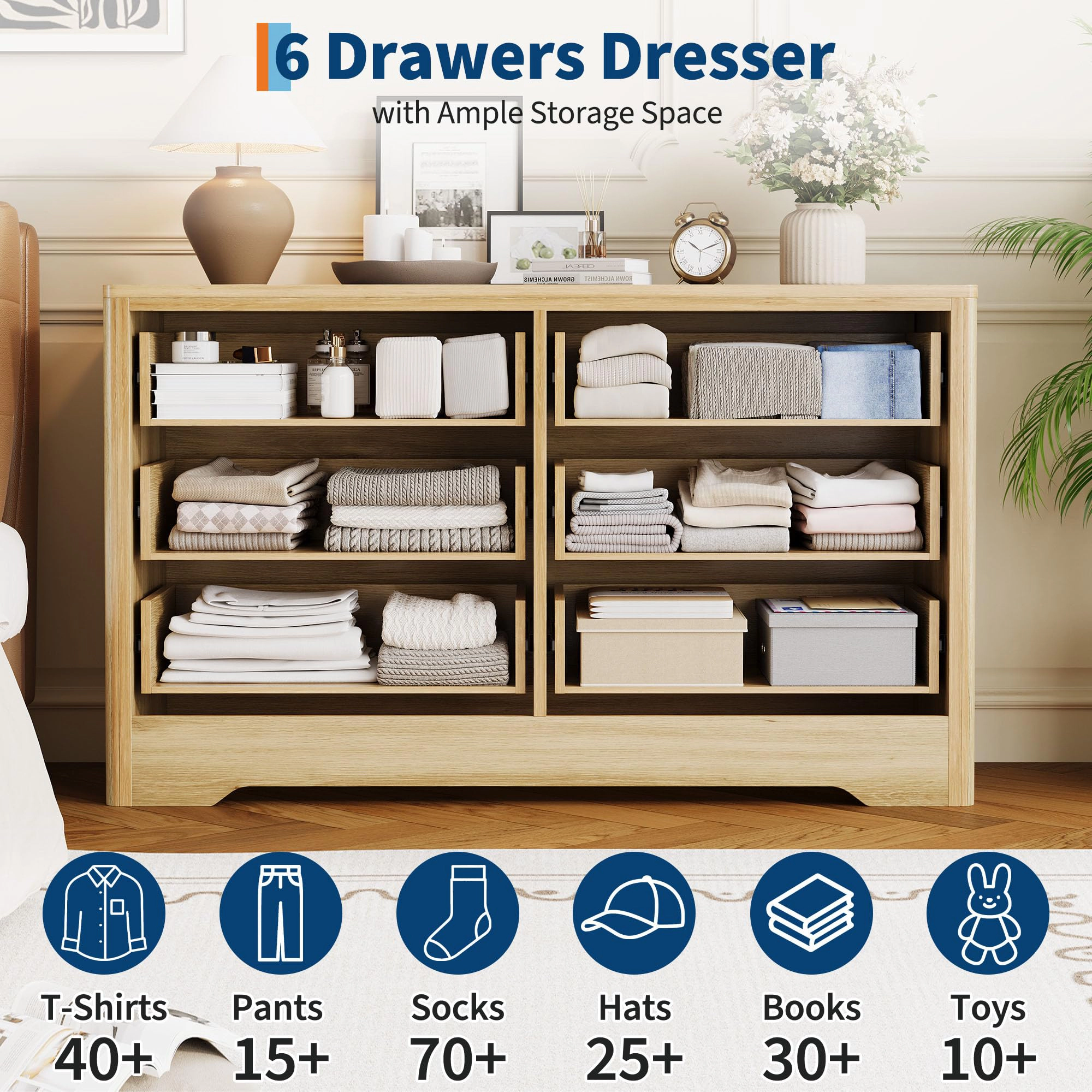 47.2" Wide 6 Drawer Wood Dresser with Crystal Knobs, Bedroom Storage Chest TV Stand Organizer
