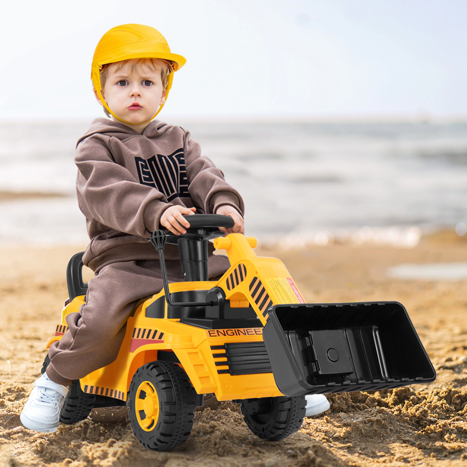 SUGIFT Yellow Toddler Ride-On Excavator Digger with Adjustable Bucket Helmet and Storage 36-in W 33-lb Rider