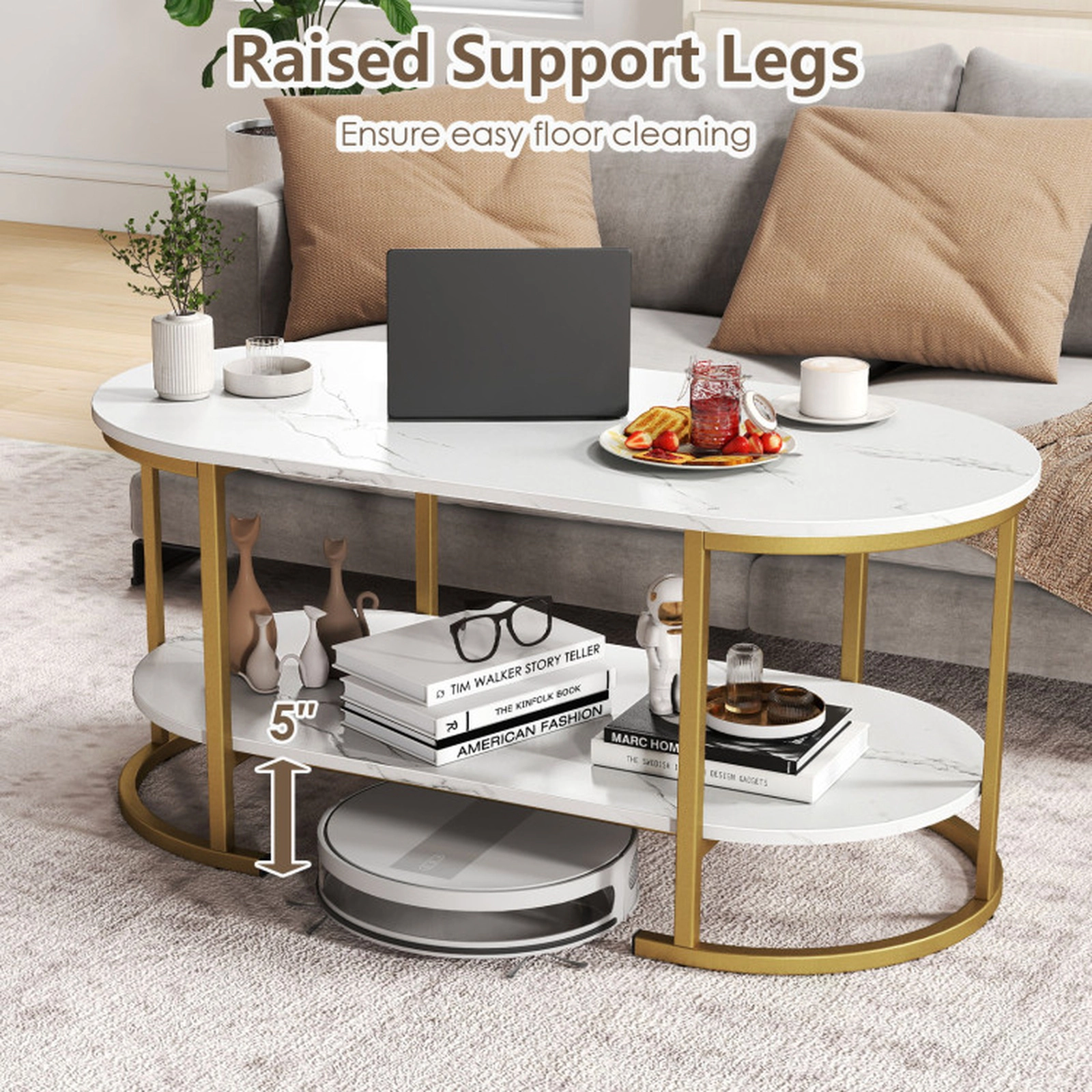 SUGIFT 2-Tier Faux Marble Top Gold Metal Frame Oval Coffee Table 39.5-in x 19.5-in x 18-in 88-lb Capacity White