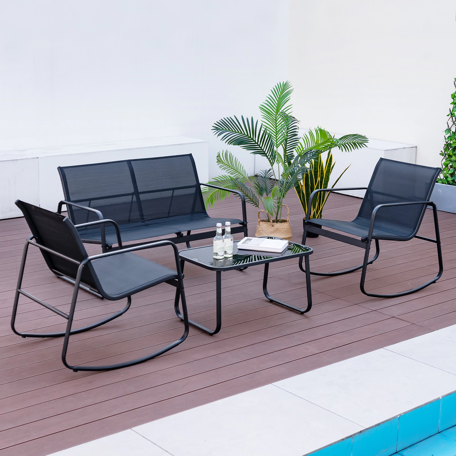 SUGIFT 4 Piece Metal Patio Rocking Conversation Set with Glass-Top Table 330-lb Chair 660-lb Loveseat Capacity Black