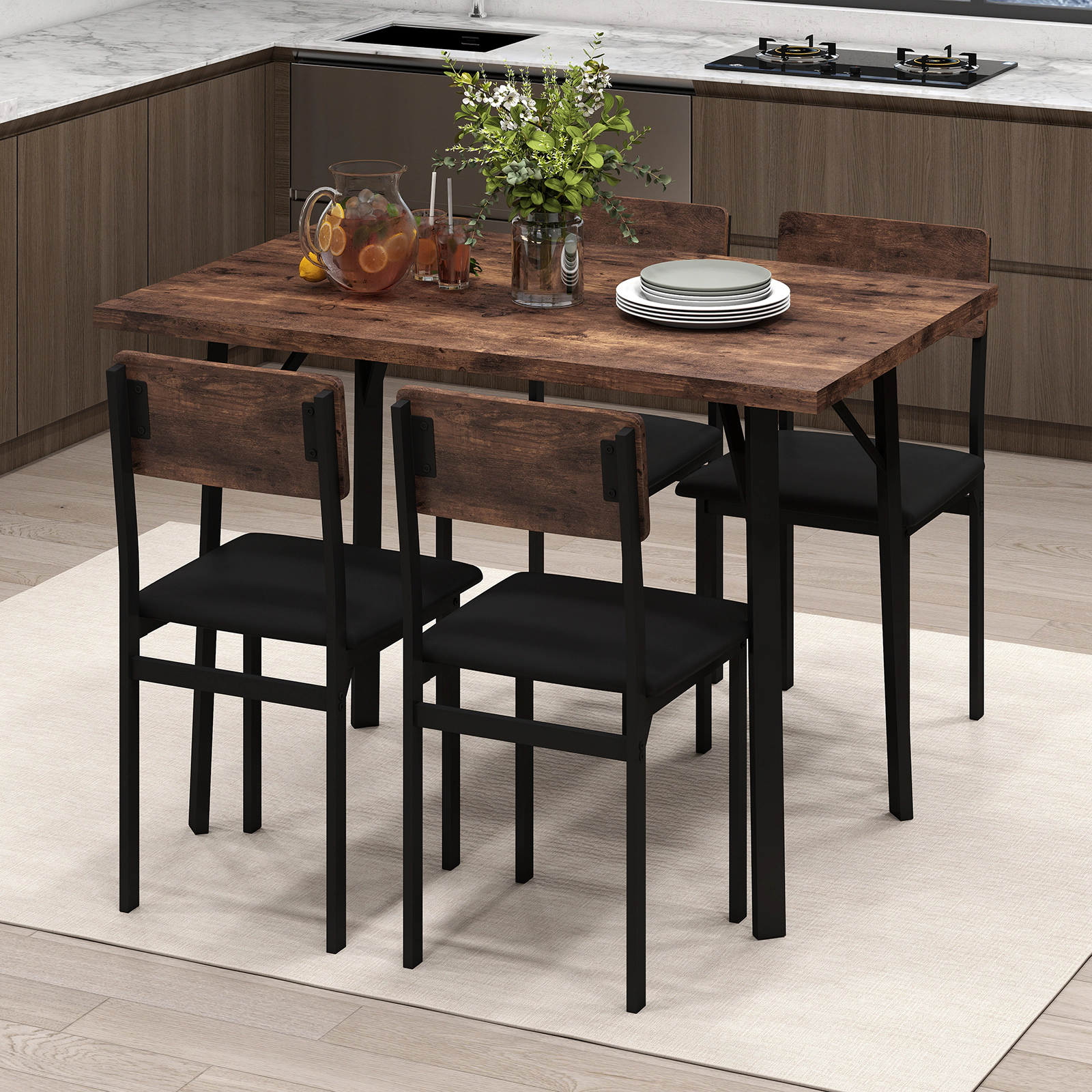 LJG 5-Piece Dining Table Set for 4 People Industrial Kitchen Table and 4 PU Leather Chairs