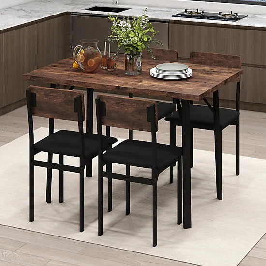 LJG 5-Piece Dining Table Set for 4 People Industrial Kitchen Table and 4 PU Leather Chairs