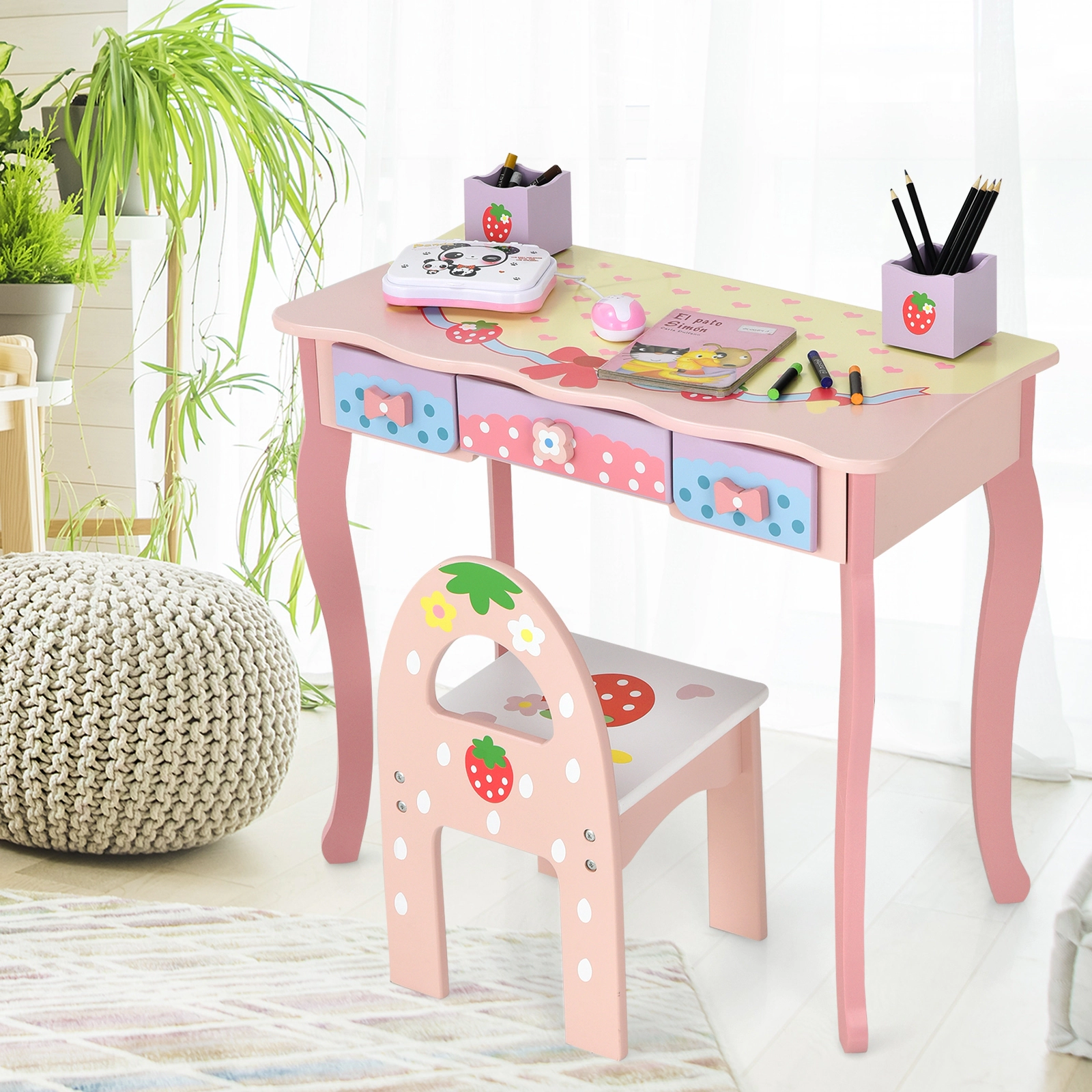 SUGIFT Kids Vanity Princess Makeup Dressing Table and Chair Set with Tri-fold Mirror 44-lb Table 88-lb Chair Capacity