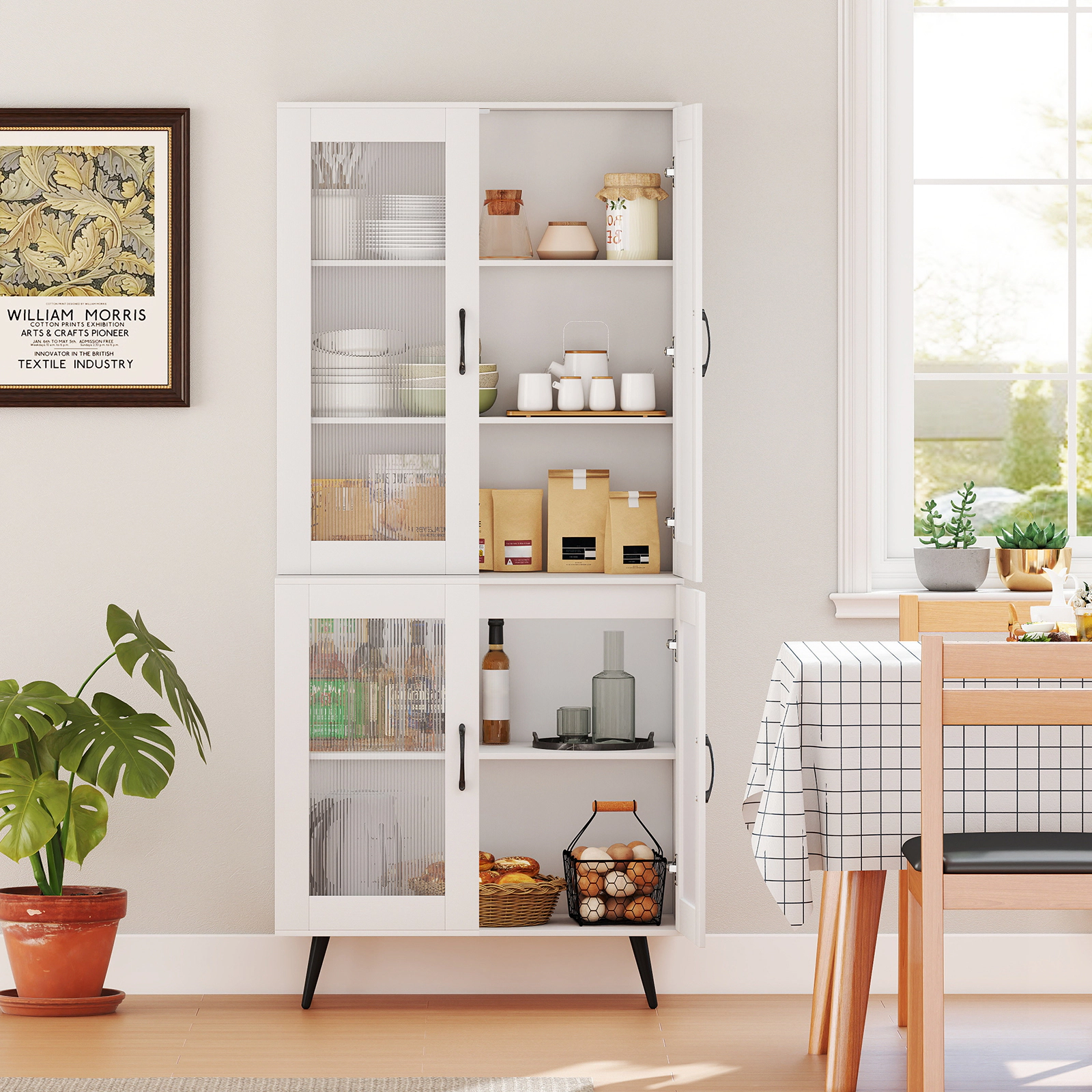 SUGIFT 70.5-in Tall White Pantry Cabinet Cupboard with 4 Transparent Doors and 5-Position Adjustable Shelf