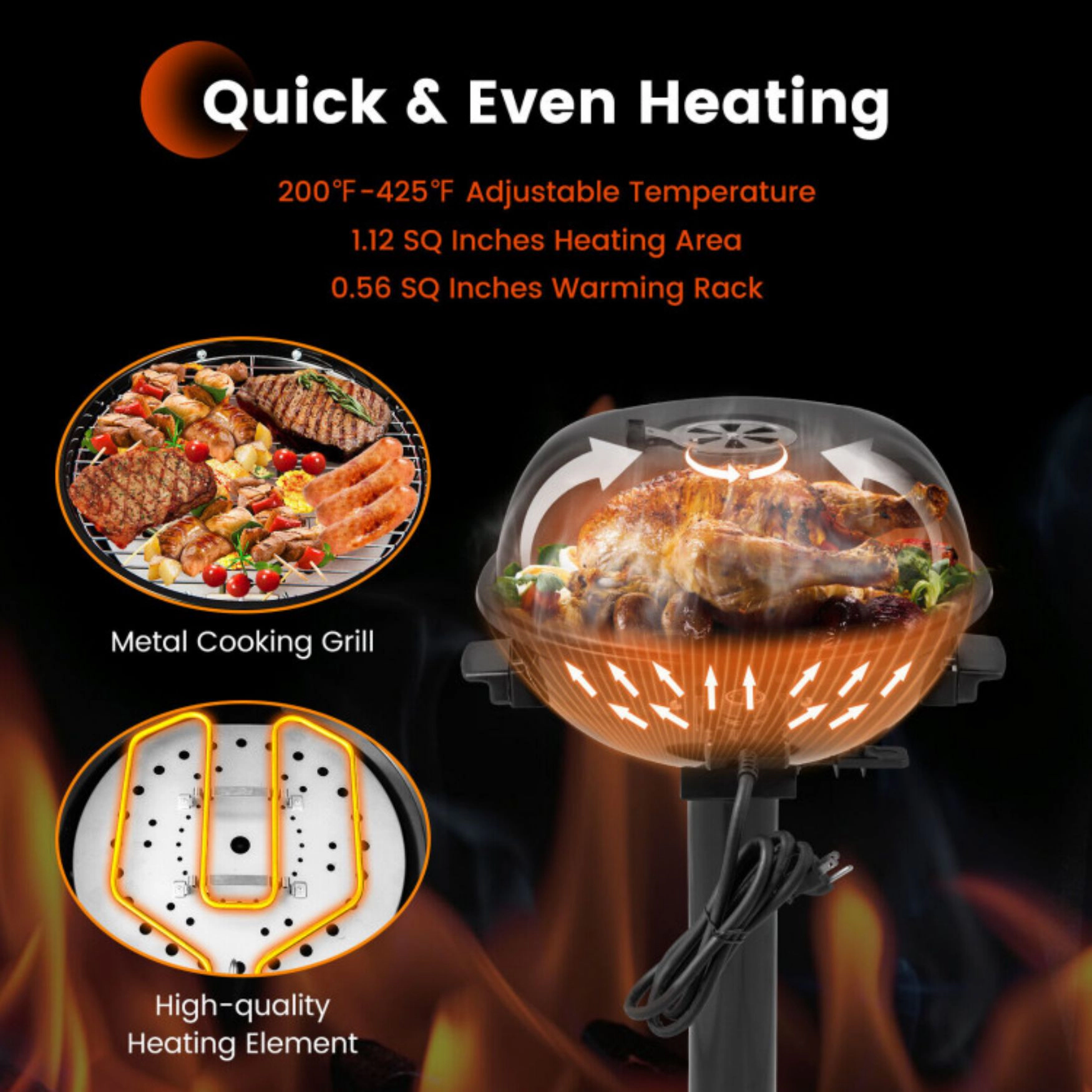 SUGIFT 1600W Electric BBQ Grill Adjustable 200-425 F Temperature Removable Warming Rack 15-in Grill Surface Black/Red