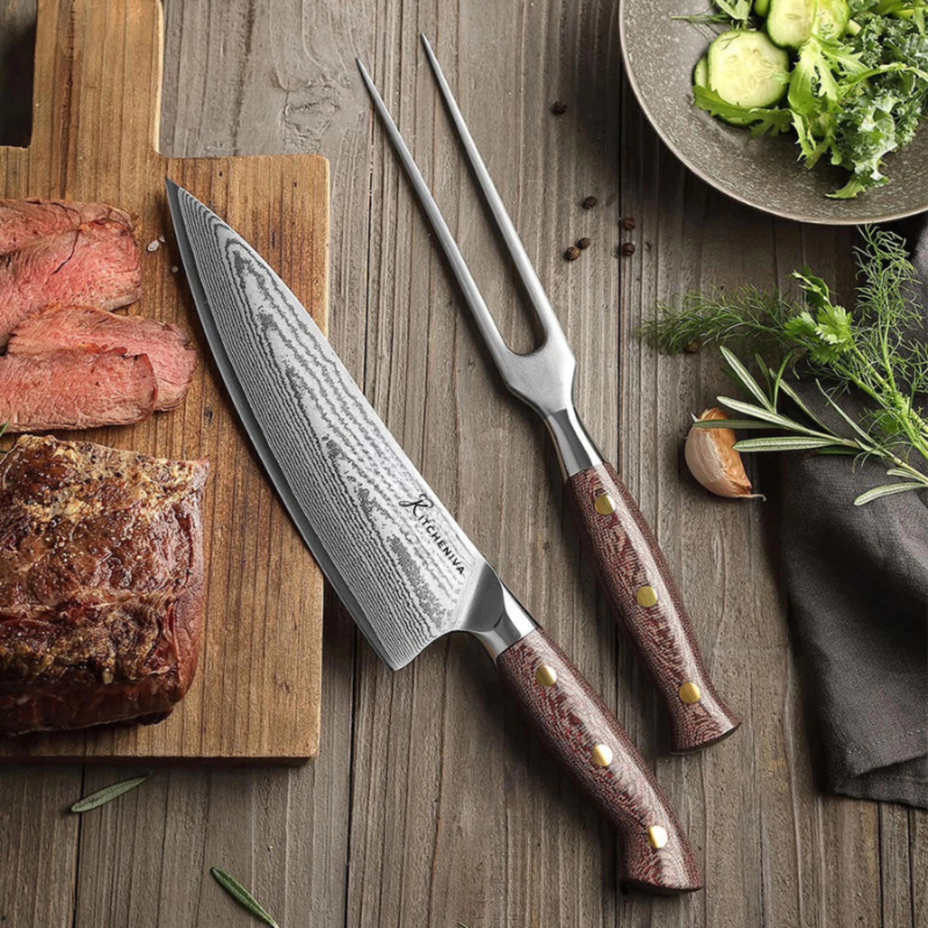 Kitcheniva 8-Inch 67 Layer Damascus Steel Chefs Knife And 5" Carving Fork With Micarta Handle