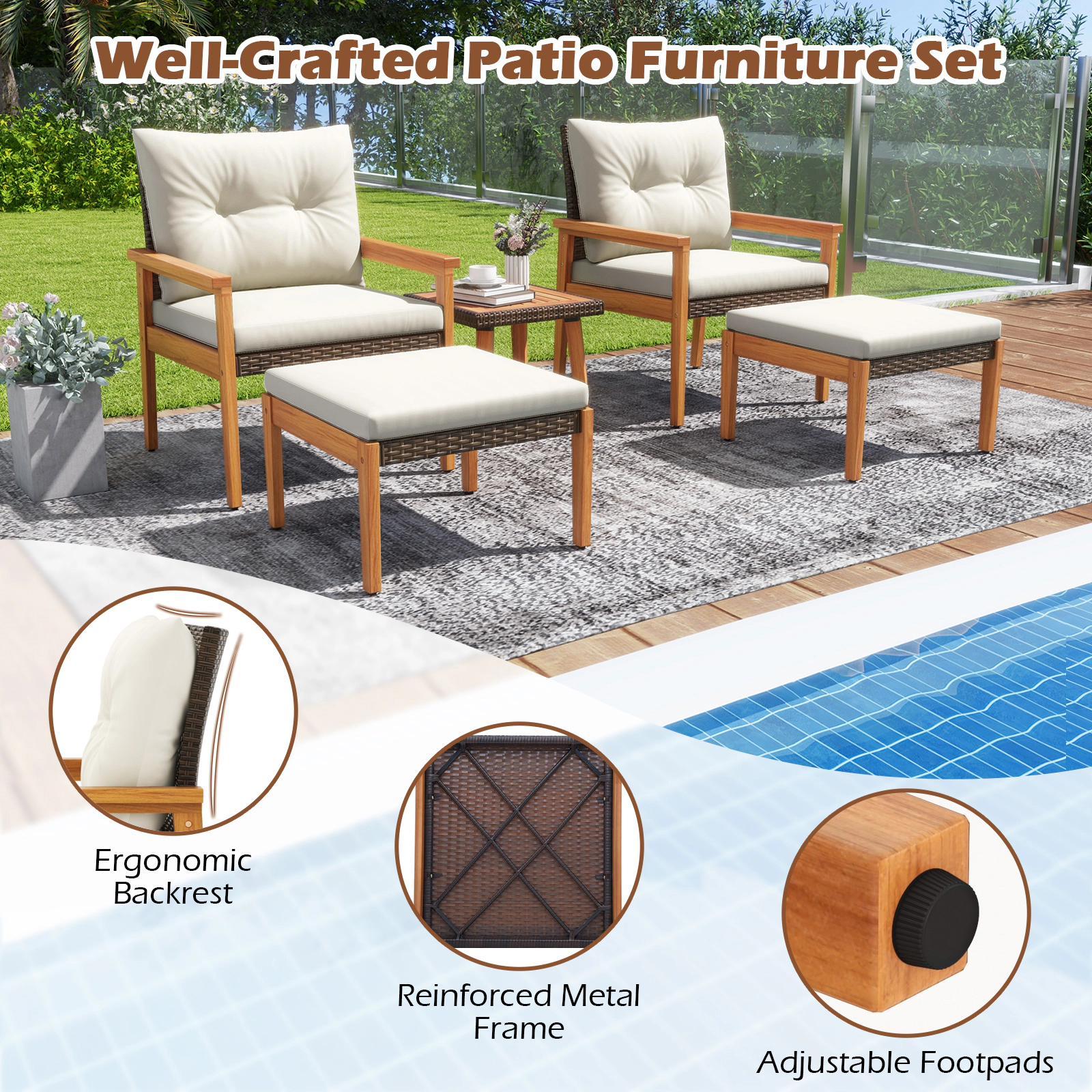 SUGIFT White 2 Ottomans and Square Coffee Table 5-Piece Patio Rattan Chair Set