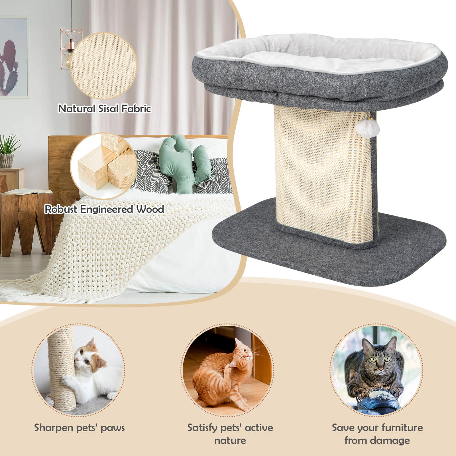 SUGIFT Modern Cat Tree Tower with Large Plush Perch and Sisal Scratching Plate 44-lb Capacity 23-in Wide Base Gray