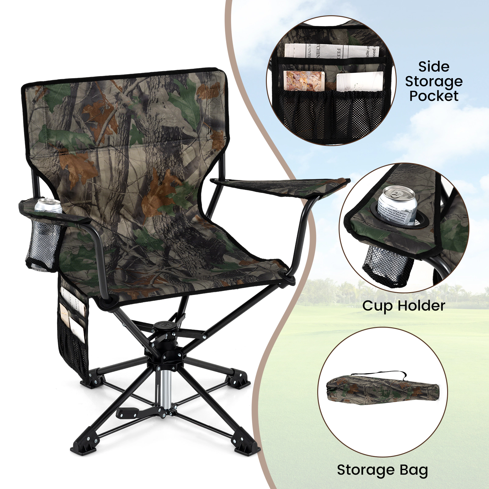 SUGIFT Green 360-Degree Swivel Hunting Chair with Mesh Cup Holder 32-in W 21-in D 35-in H 300-lb Seat Capacity