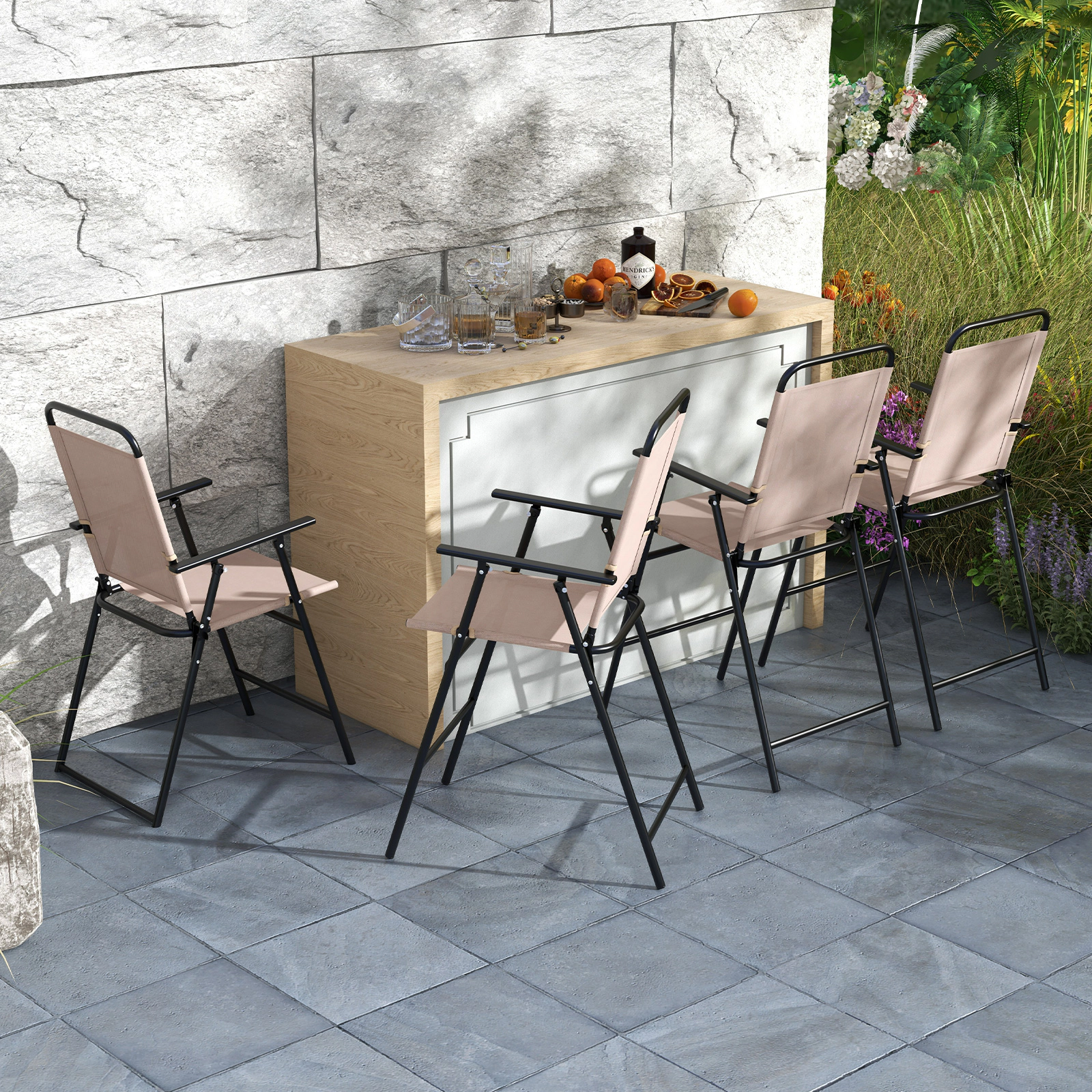 SUGIFT Set of 2 Beige Folding Bar-Height Patio Chairs, 24-Inch Seat, Mesh, Armrests and Footrests