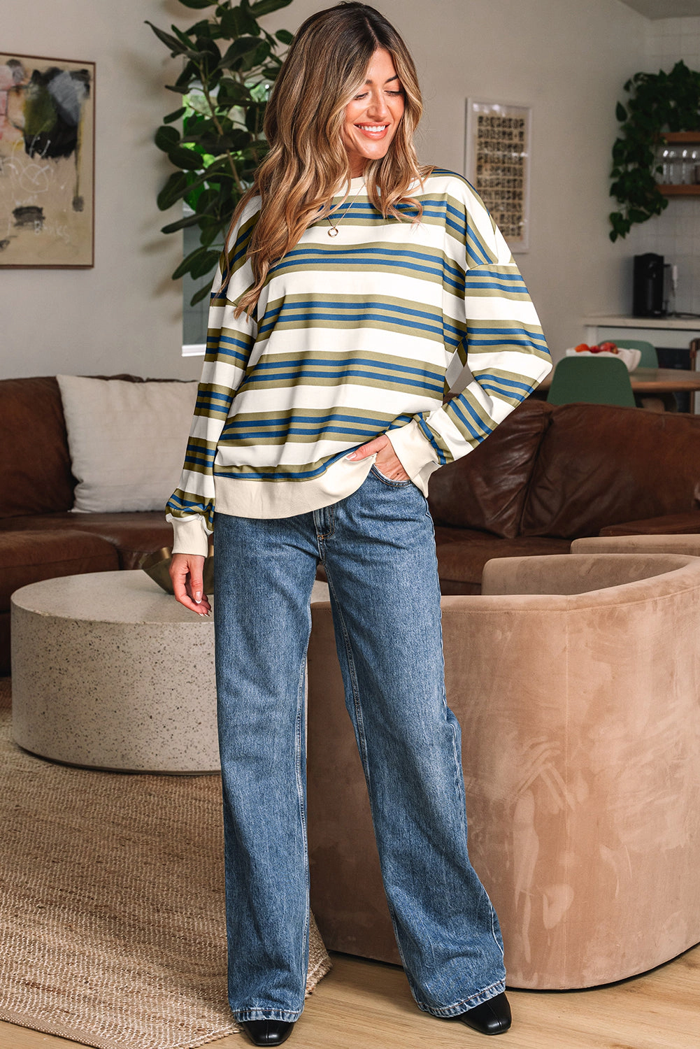 Threaded Pear Women's Rose Stripe Crew Neck Pullover Sweatshirt