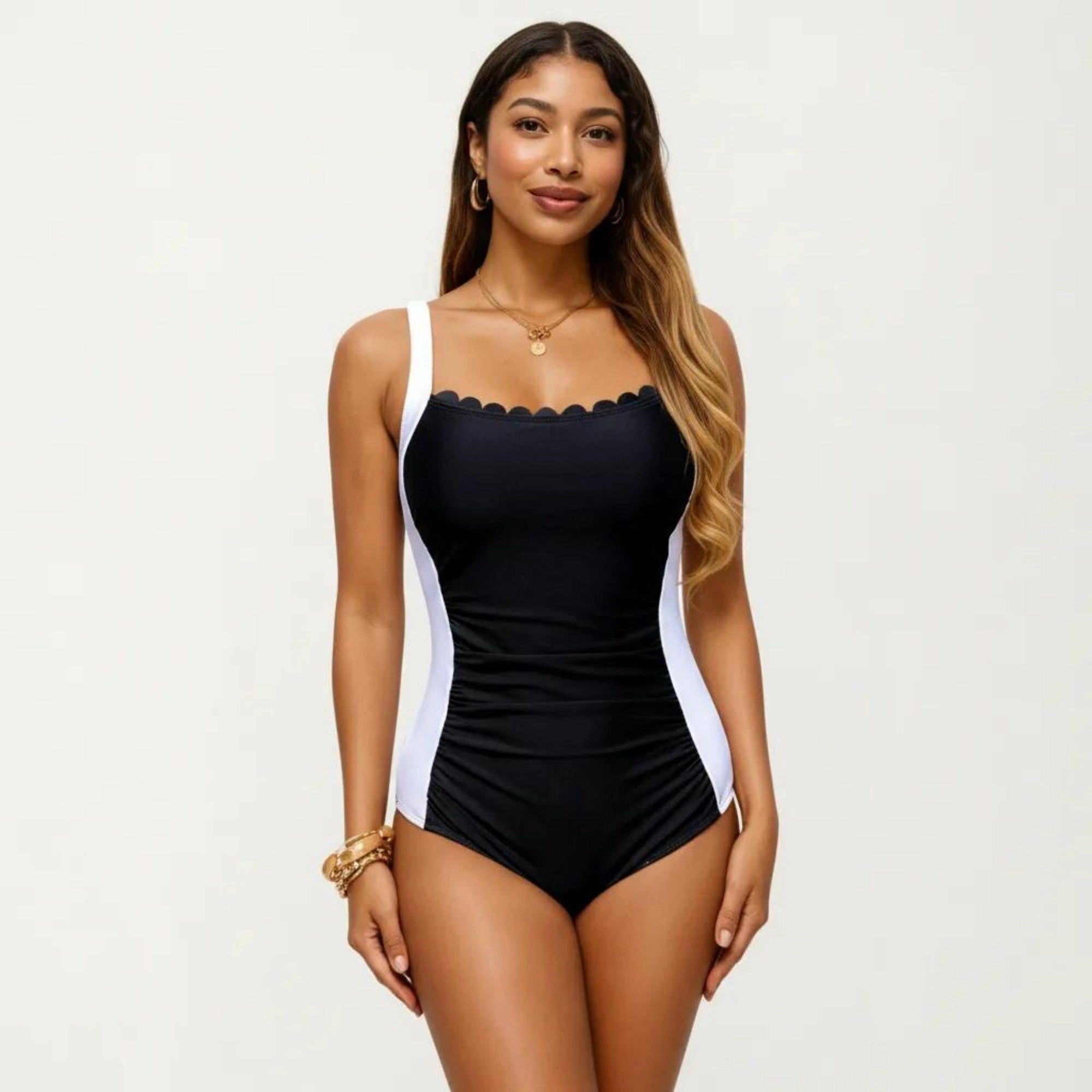 Anna-Kaci Women's Scalloped Neck One-Piece Swimsuit with Contour Side Panels