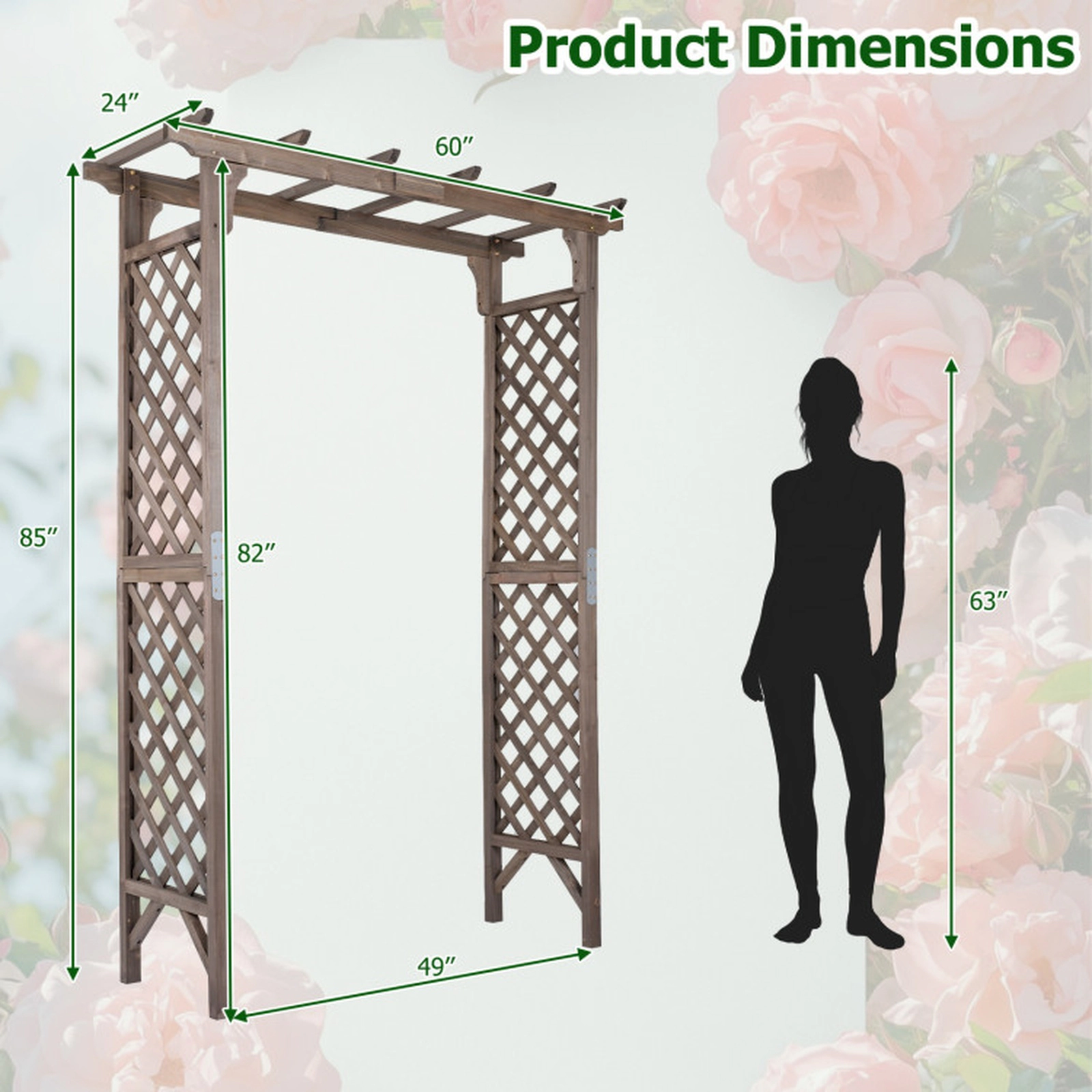 SUGIFT Dark Brown Flat Top Wooden Garden Arbor with Gate and Side Trellises 60-in W 24-in D 85-in H 49-in Entry W