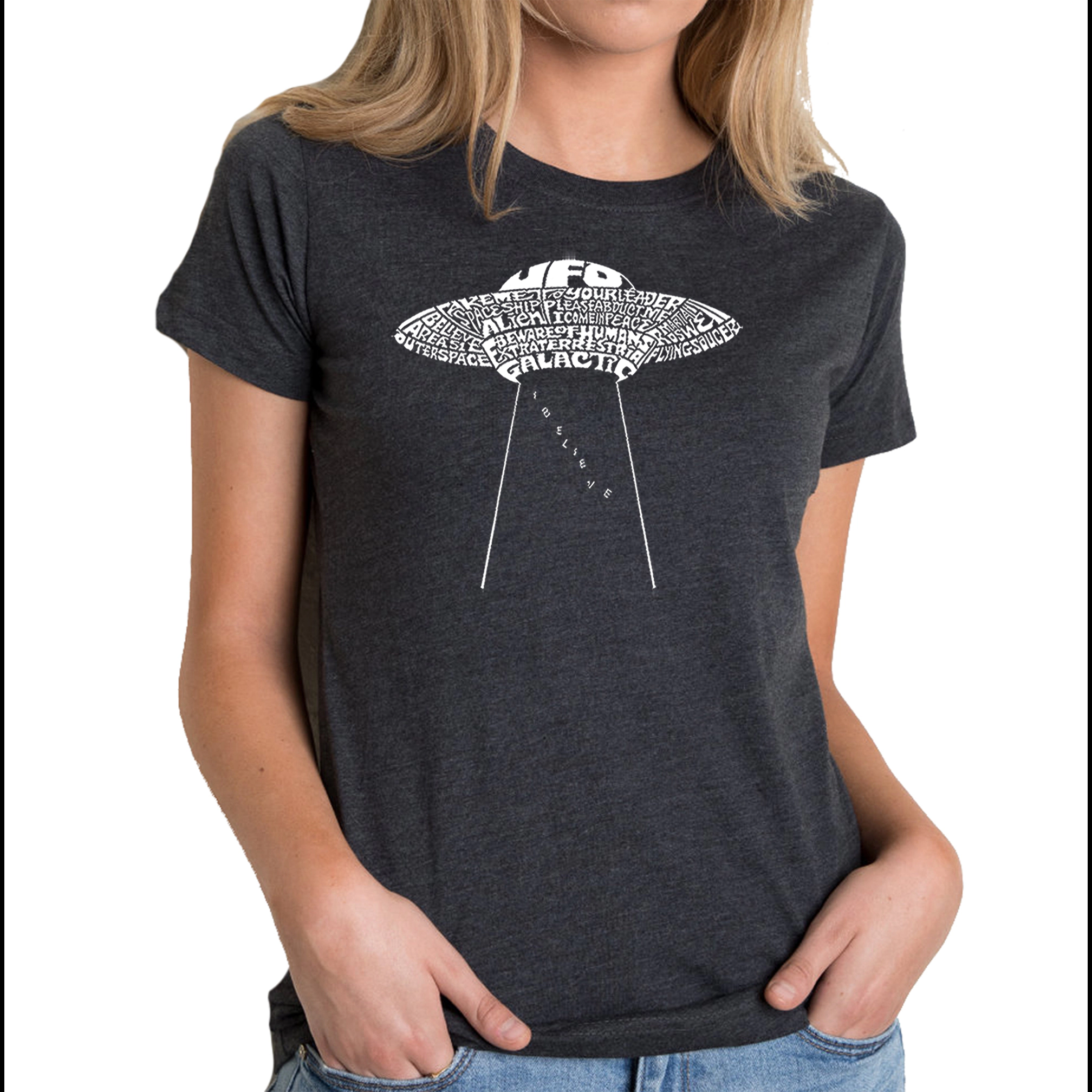 LA Pop Art Women's Cotton/Poly Blend Word T-Shirt - Flying Saucer UFO