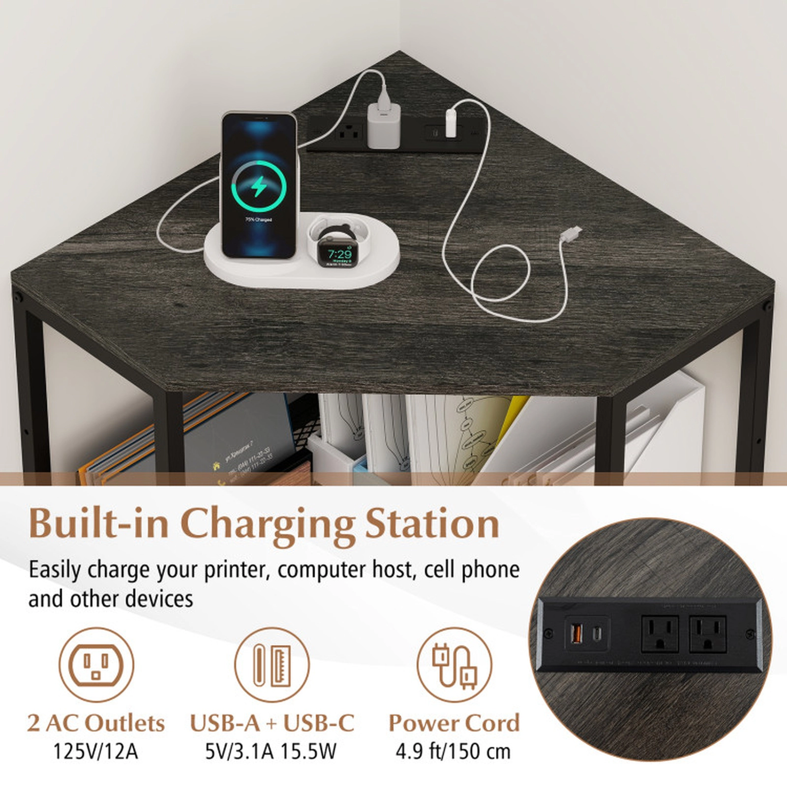 SUGIFT 3-Tier 2 AC Outlets Adjustable Middle Shelf Corner Printer Stand 20-in x 20-in x 31-in 45-lb Capacity Black