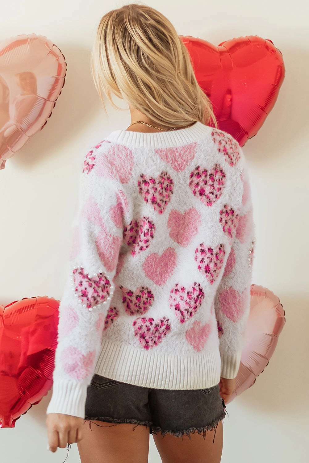 Threaded Pear Women's Heart Leopard Pearled Fuzzy Sweater
