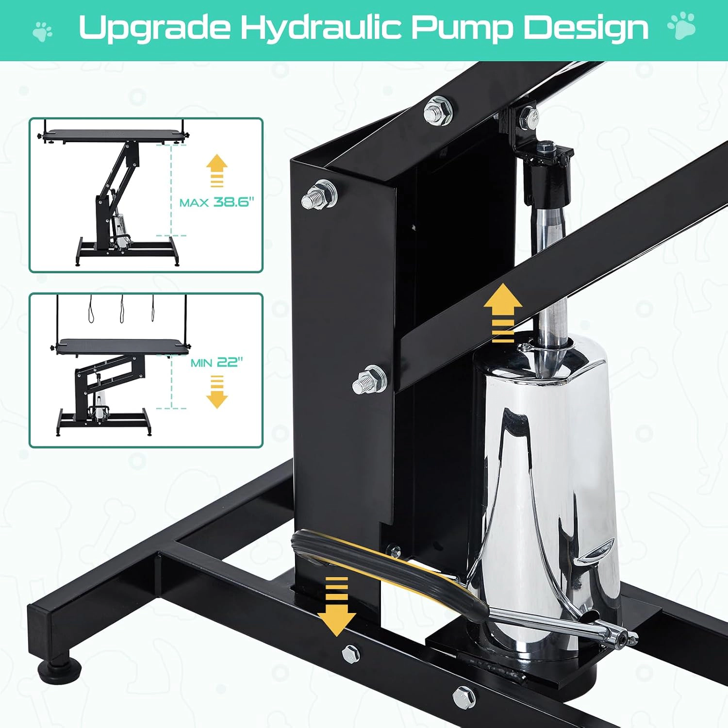 43.3" x 23.6" Hydraulic Dog Grooming Table, 350 lb Capacity, Non-Slip Top, 3 Nooses, Black