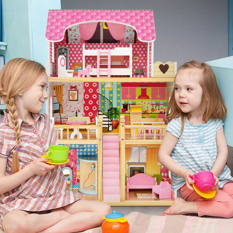 Hivvago Doll House Playset with 3 Stories and 6 Simulated Rooms and 15 Pieces of Furniture