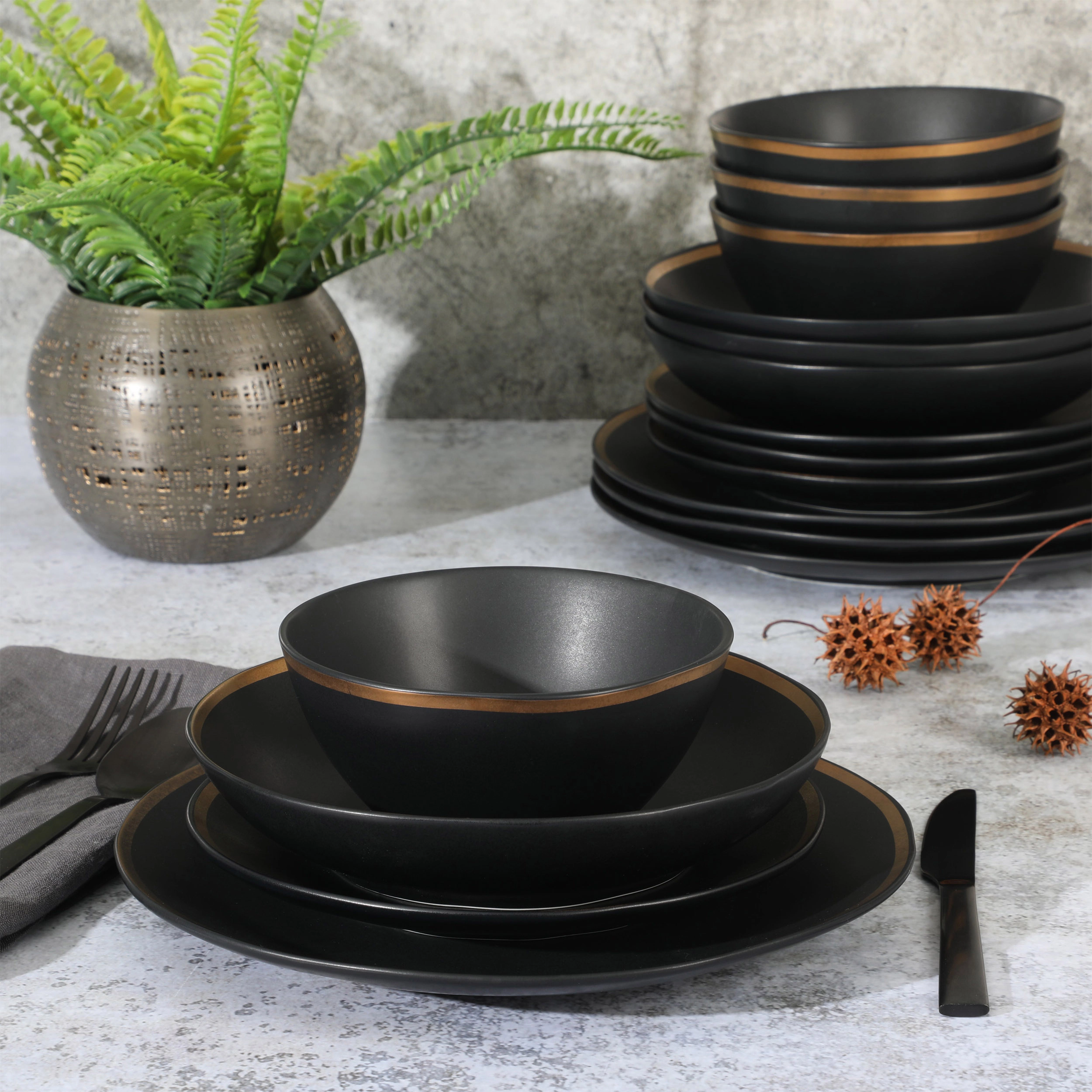 Gibson Elite 16 Piece Kings Road Gold Rimmed Porcelain Double Bowl Dinnerware Set in Matte Black