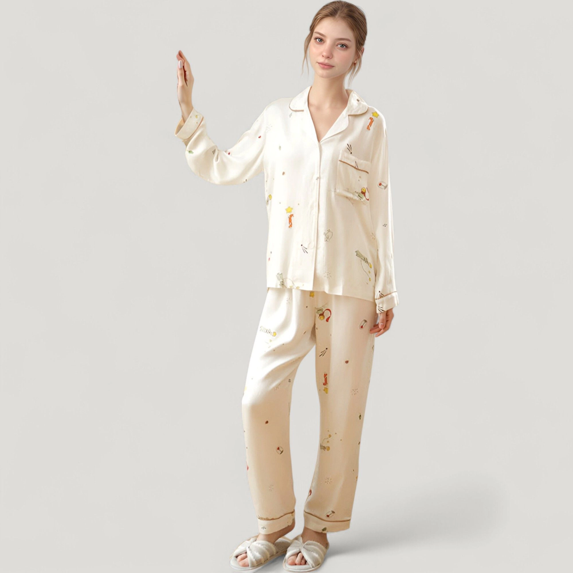 Anna-Kaci Women's Button Down Two-Piece Pajama Set with Allover Whimsical Print and Chest Pocket