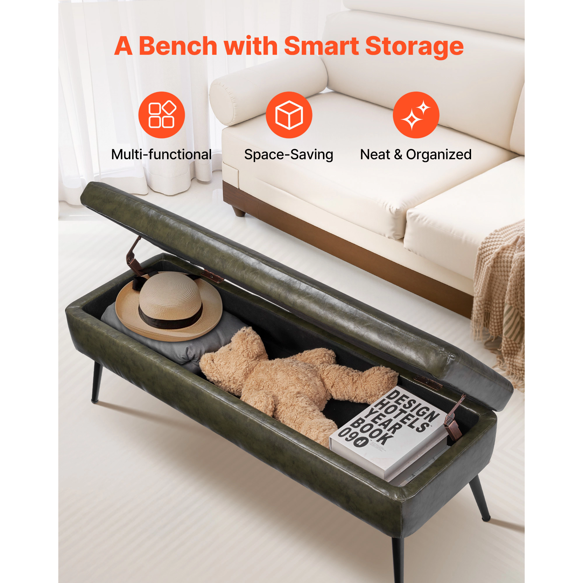 HONGGE Upholstered Leather Bench with Legs for Entryway, Shoe Bench Seat for Living Room, Dining Room, End of Bed