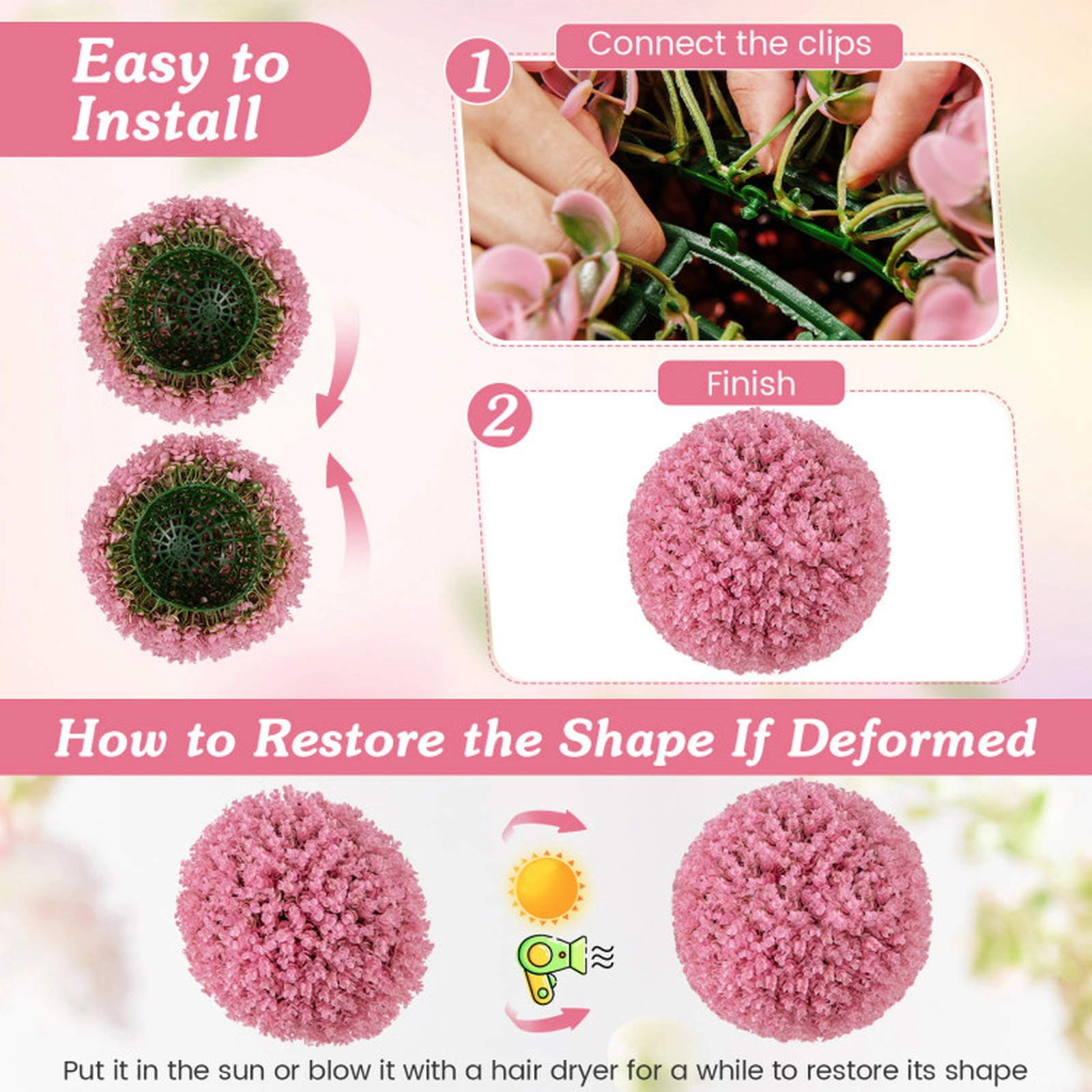 SUGIFT Faux Eucalyptus Decorative Ball Artificial Plant 17.5-in Outer Diameter Pink/Purple