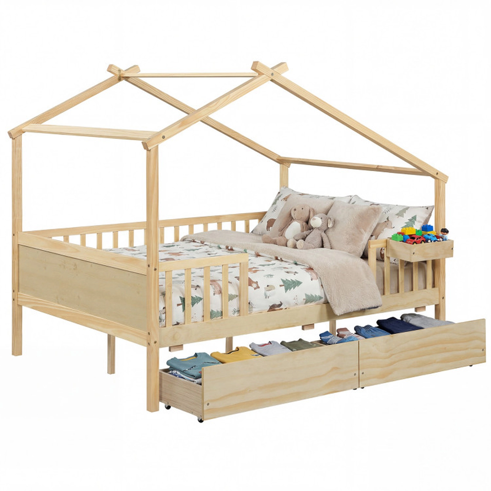 SUGIFT Natural Roof Fence Rails and 2 Drawers Full Size Kids Wooden House Bed
