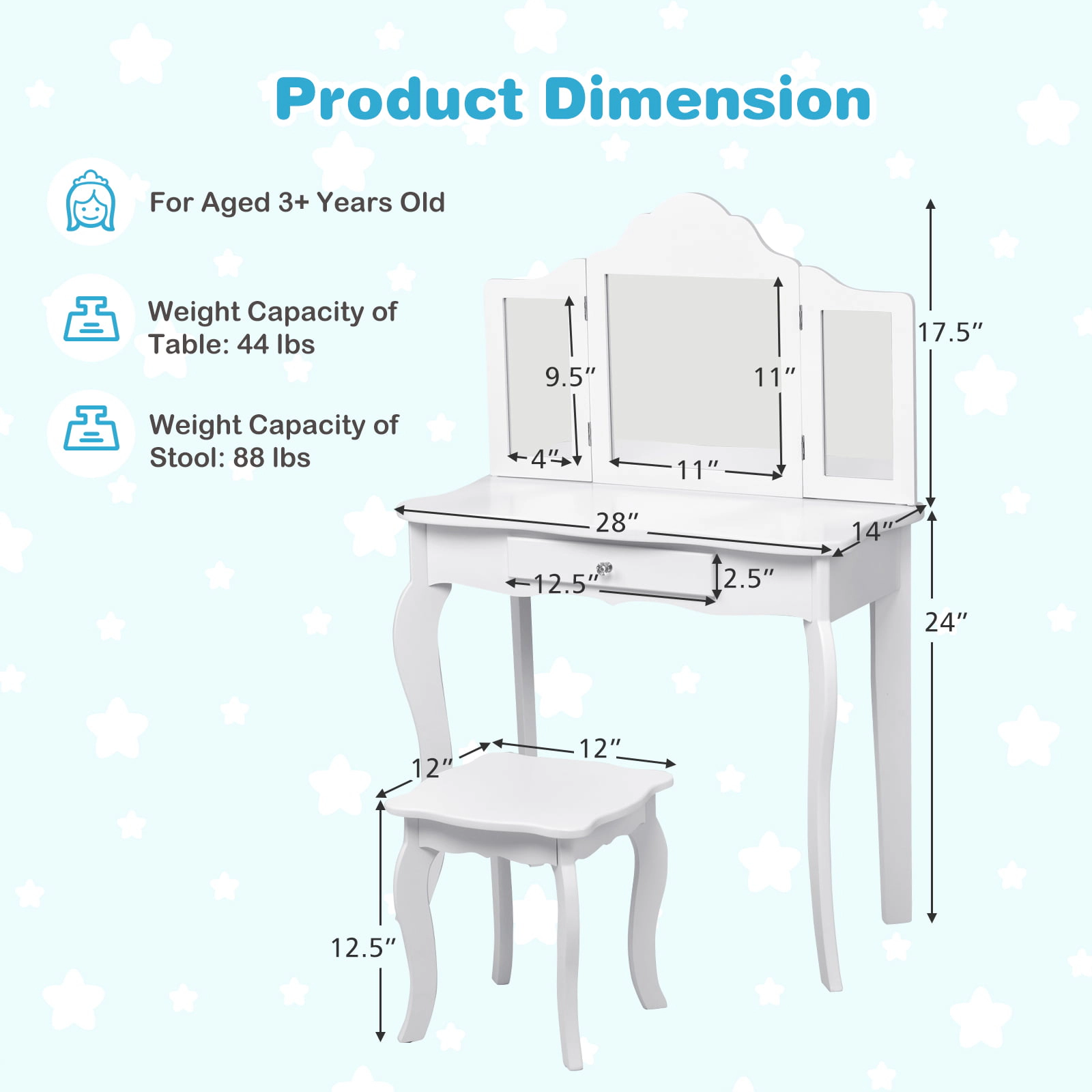 SUGIFT Kids Makeup Dressing Mirror Vanity Table & Stool Set 27.5-in Dresser 33-lb & 66-lb Capacity Pink/White 2-Piece