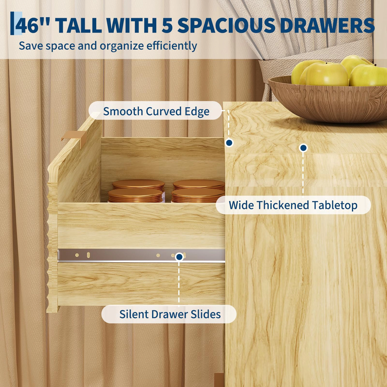 Fluted 5-Drawer Dresser with Gold Handles, 46" Tall Wood Storage Cabinet, Curved Profile Design