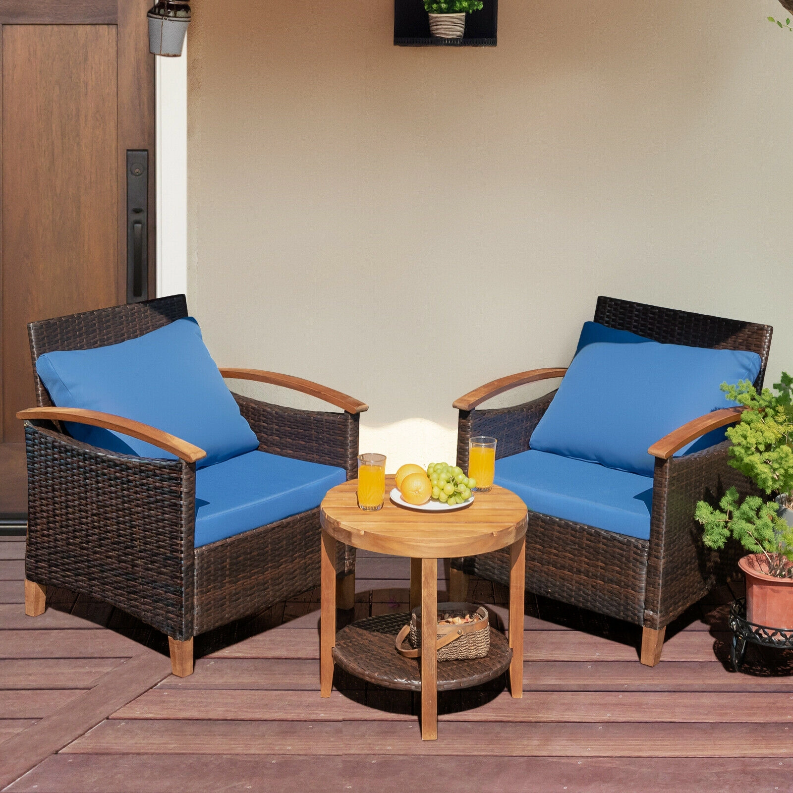 SUGIFT Blue Acacia Wood Tabletop and Washable Cushions 3-Piece Patio Rattan Chair Set