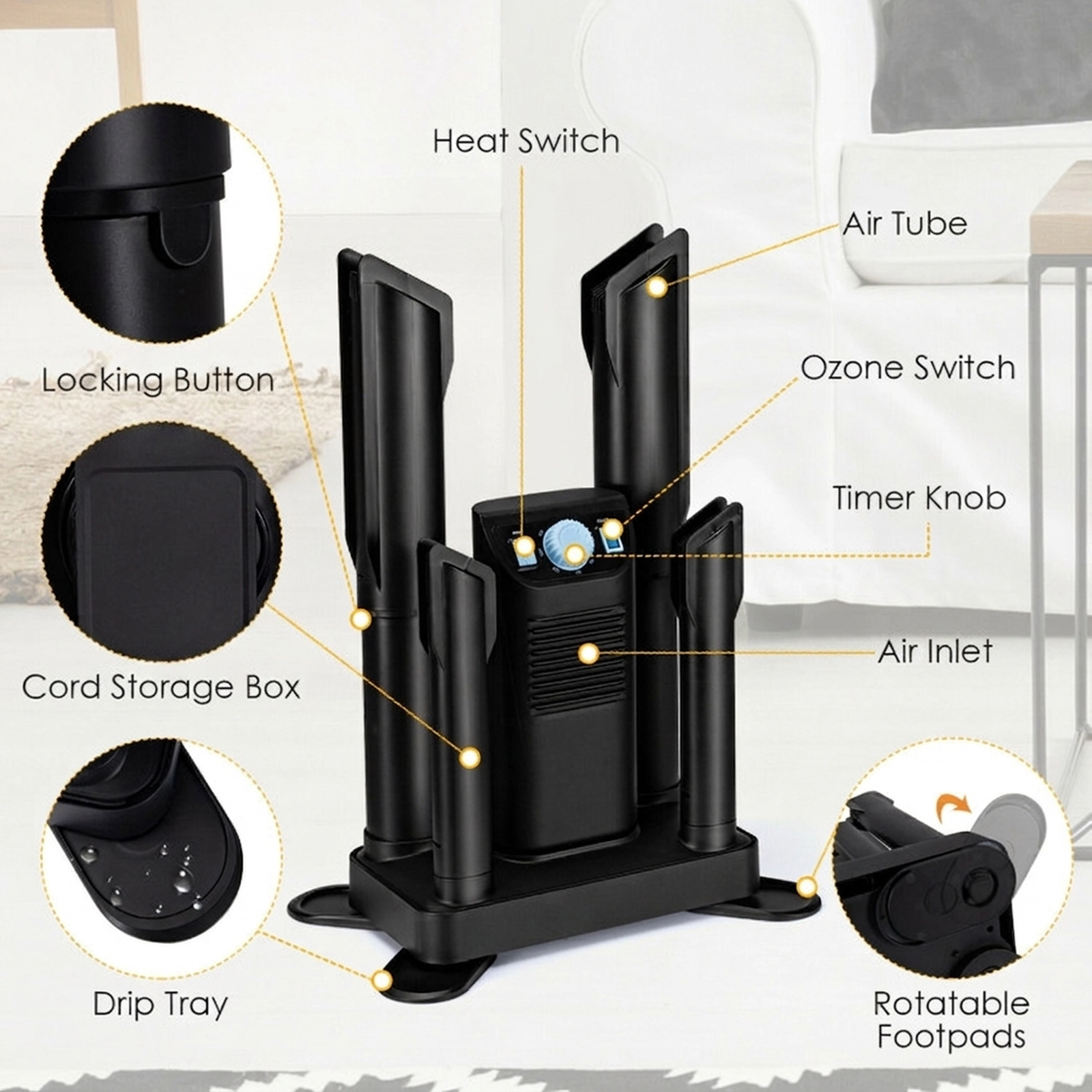 SUGIFT 250W Electric Boot and Shoe Dryer with Ozone Deodorizing 180-Minute Timer and Extendable Tubes