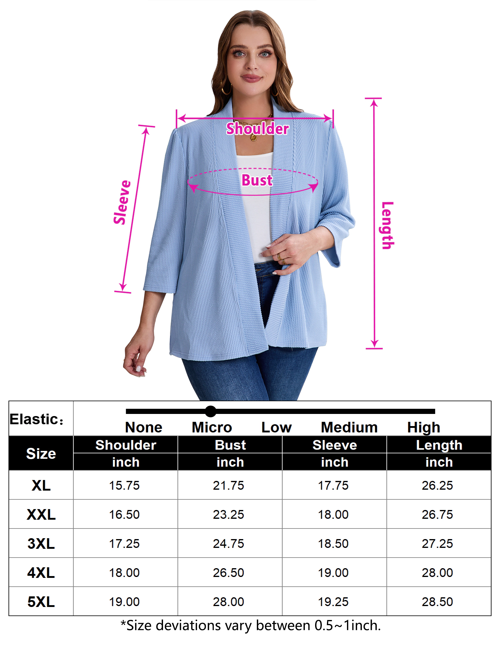KOJOOIN Women's Plus 3/4 Sleeve Cardigan Open Front Knit Sweater Lightweight Ribbed Coat