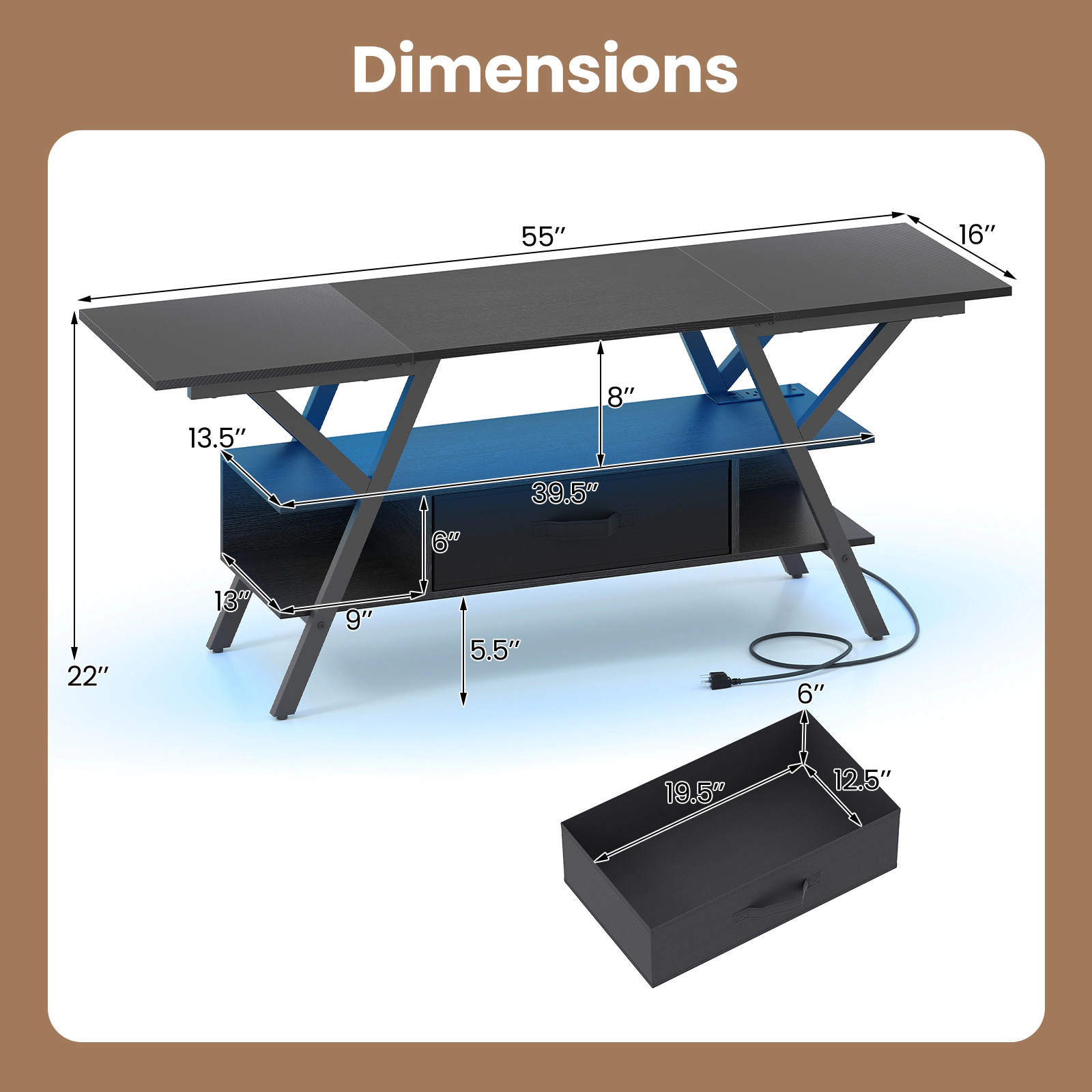 Glintex 55-Inch TV Stand with 16-Color LED Lights and Power Outlets