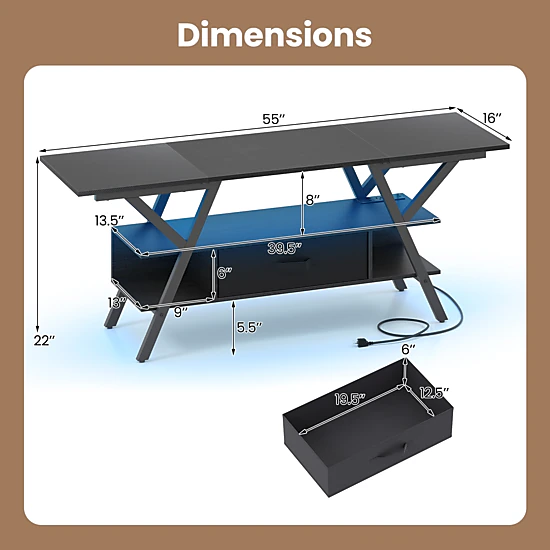 Glintex 55-Inch TV Stand with 16-Color LED Lights and Power Outlets