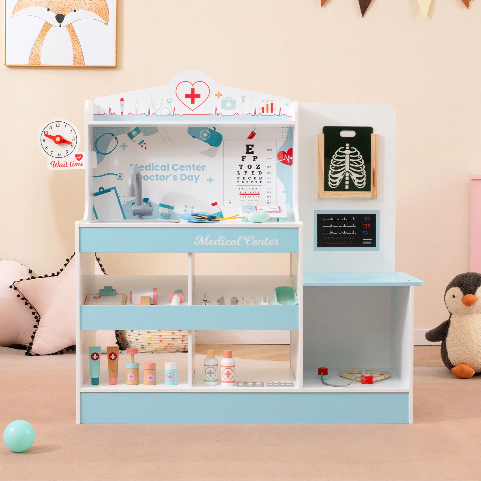 Wooden Doctor Kit for Kids Playset Stethoscope Blood Pressure Cuff 24-pc Medical Accessories 38-in x 12-in x 35-in Blue